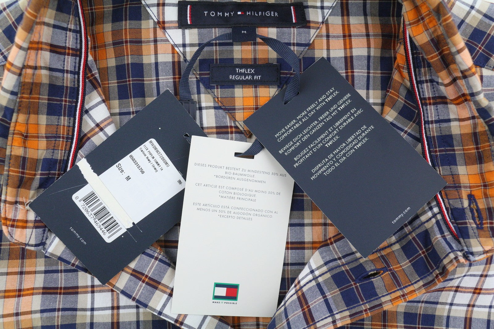 TOMMY HILFIGER THFlex Poplin Men Shirt M Colourful Plaid Button-Down Collar