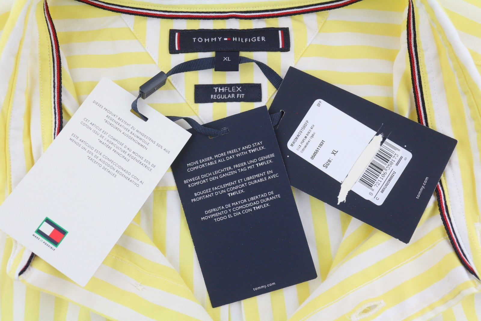 TOMMY HILFIGER THFlex Poplin Bold Men Shirt XL Yellow Stripe Button-Down Collar