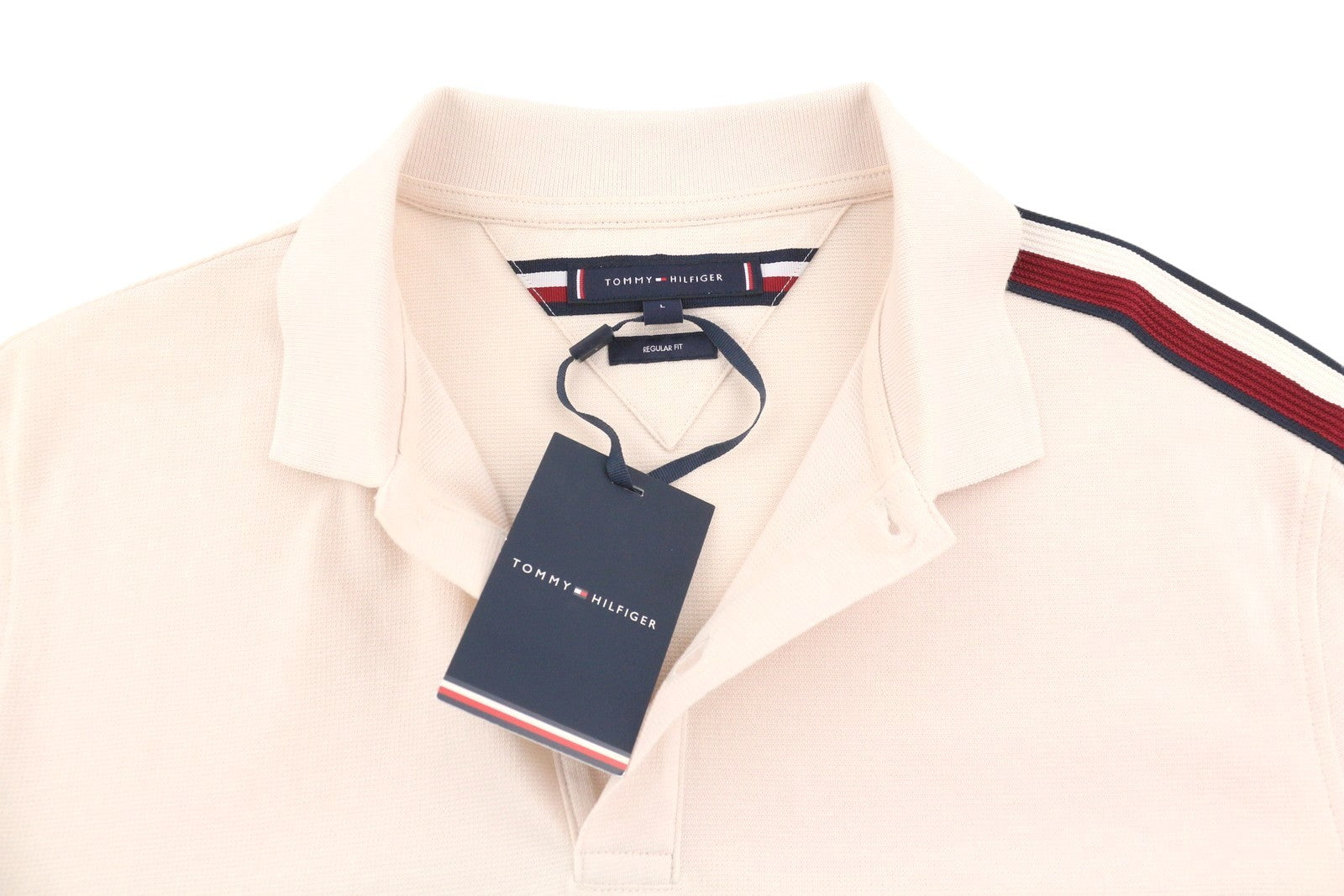 TOMMY HILFIGER Global Stripe Sleeve Men Polos L Feather White Logo Short Sleeve