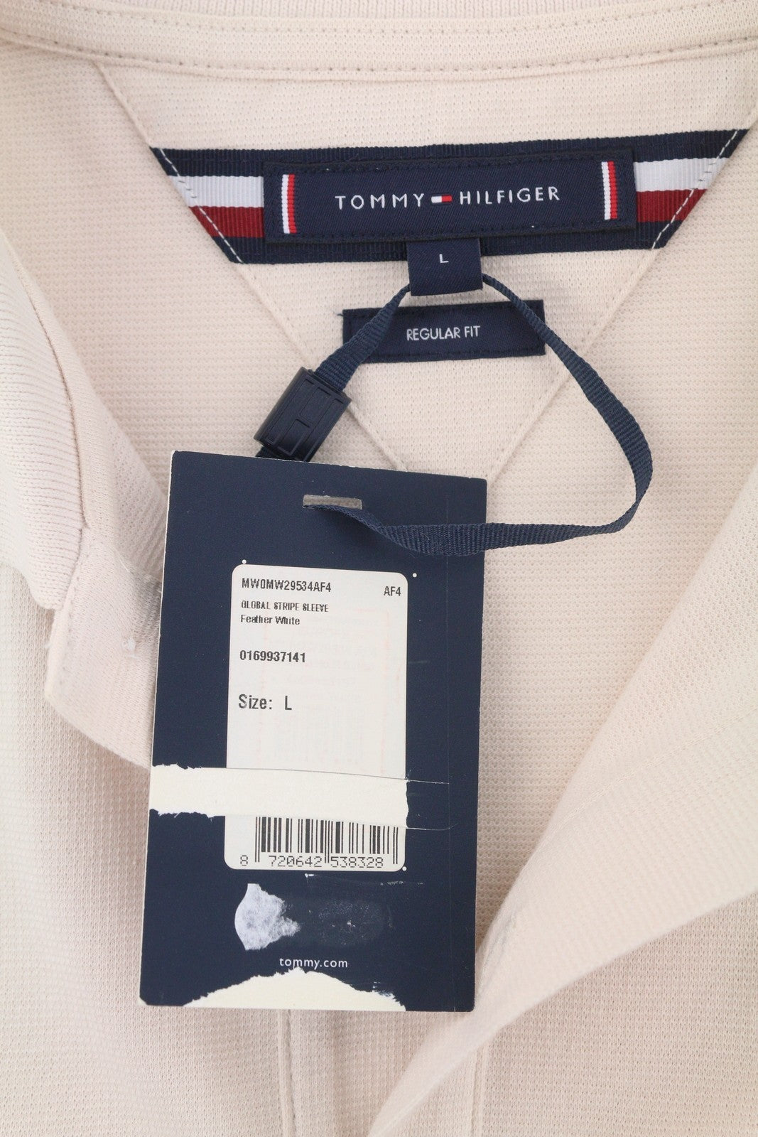 TOMMY HILFIGER Global Stripe Sleeve Men Polos L Feather White Logo Short Sleeve