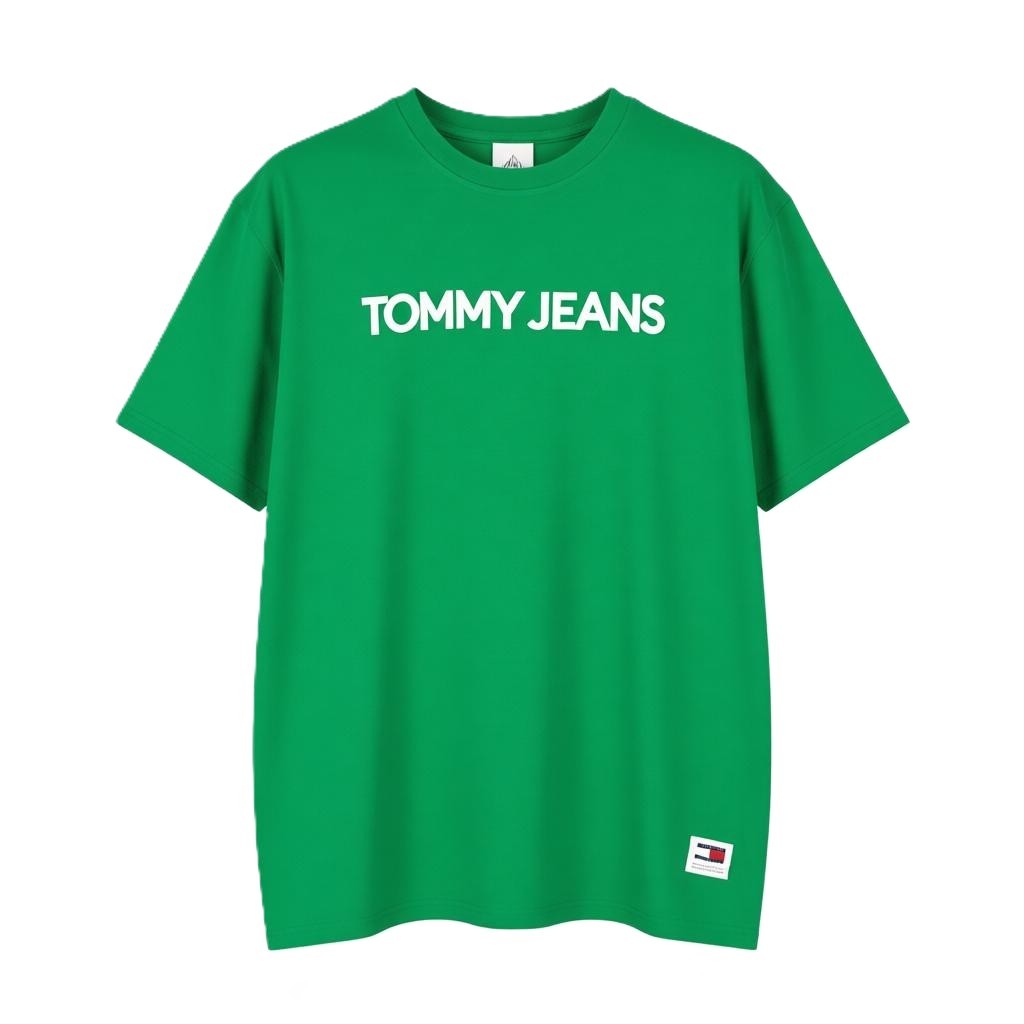 TOMMY HILFIGER Men T-Shirt L Green Crew Neck Logo Print Cotton Short Sleeve