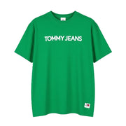 TOMMY HILFIGER Men T-Shirt L Green Crew Neck Logo Print Cotton Short Sleeve