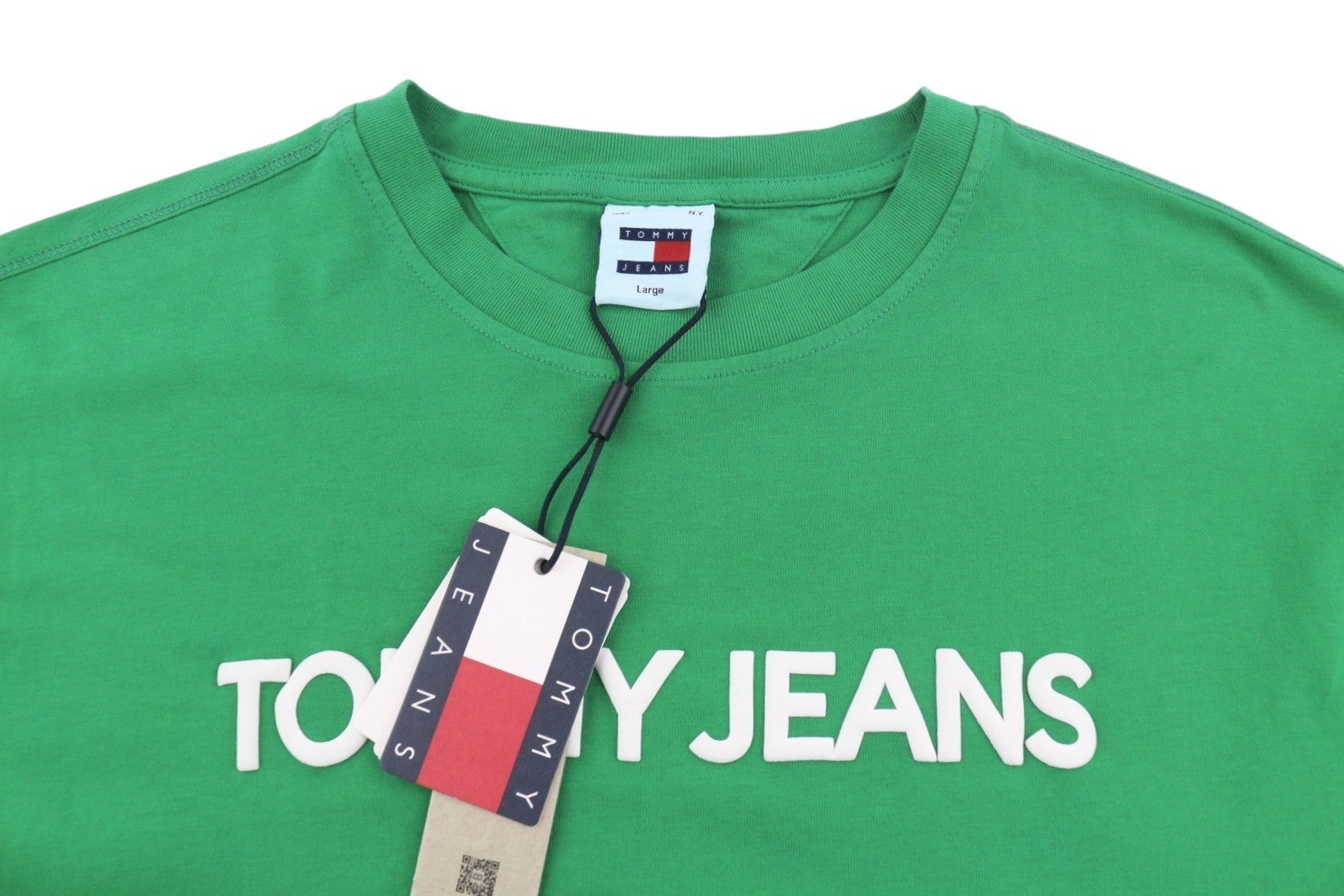 TOMMY HILFIGER Men T-Shirt L Green Crew Neck Logo Print Cotton Short Sleeve