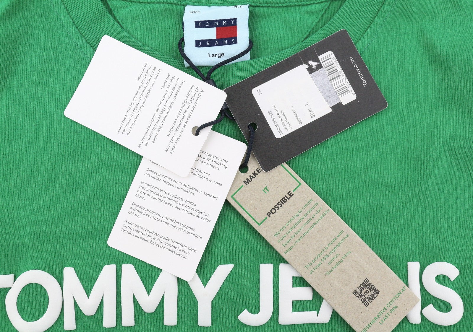 TOMMY HILFIGER Men T-Shirt L Green Crew Neck Logo Print Cotton Short Sleeve