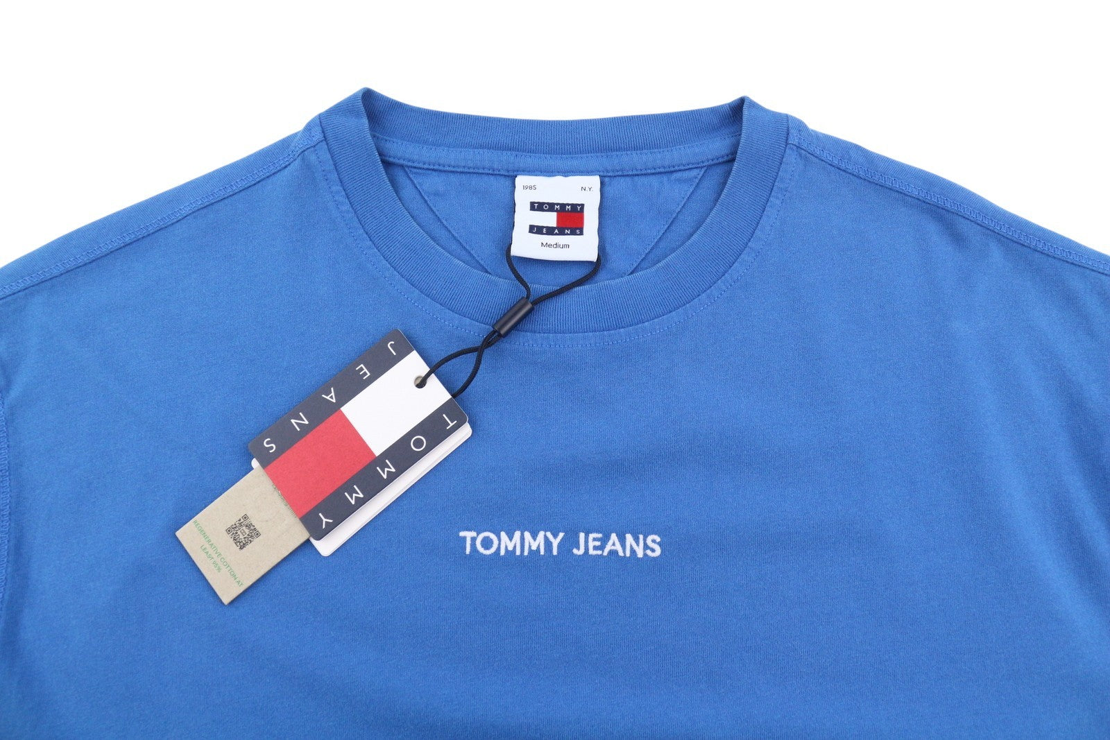 TOMMY HILFIGER Men T-Shirt M Blue Crew Neck Logo Print Cotton Short Sleeve