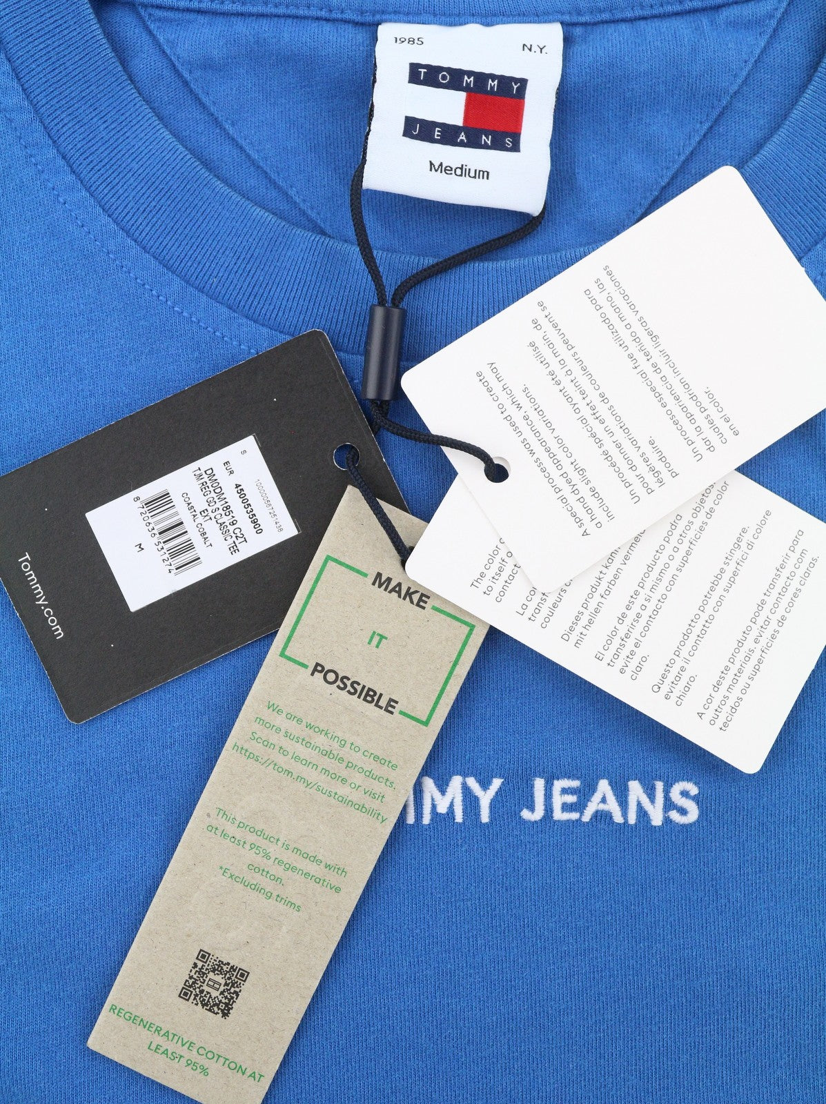TOMMY HILFIGER Men T-Shirt M Blue Crew Neck Logo Print Cotton Short Sleeve