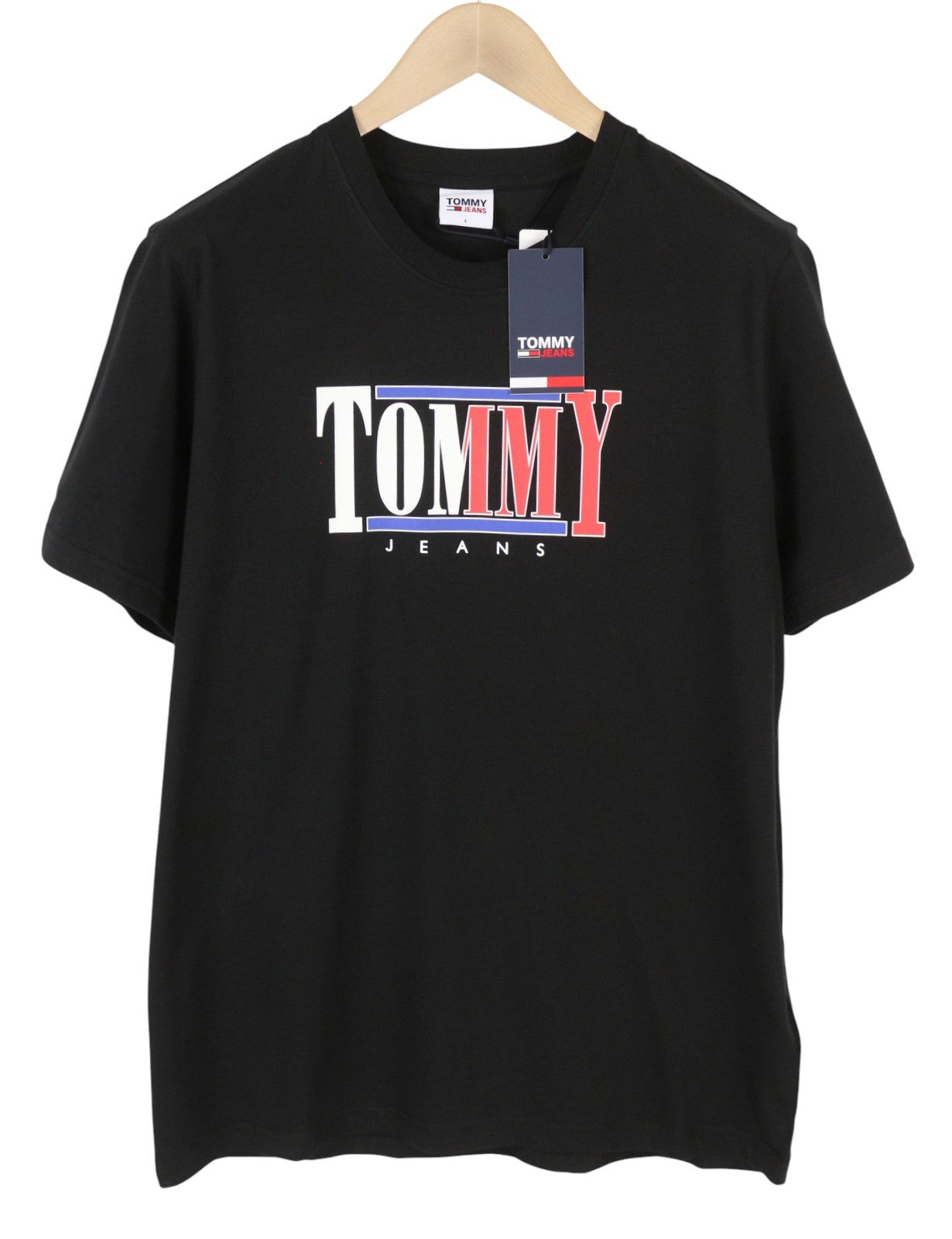 TOMMY HILFIGER Men T-Shirt L Black Crew Neck Cotton Logo Short Sleeve