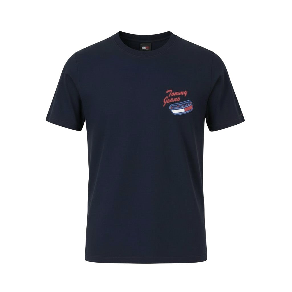 TOMMY HILFIGER Men T-Shirt L Dark Blue Crew Neck Cotton Logo Short Sleeve