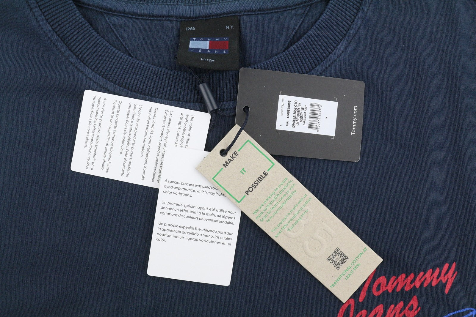 TOMMY HILFIGER Men T-Shirt L Dark Blue Crew Neck Cotton Logo Short Sleeve