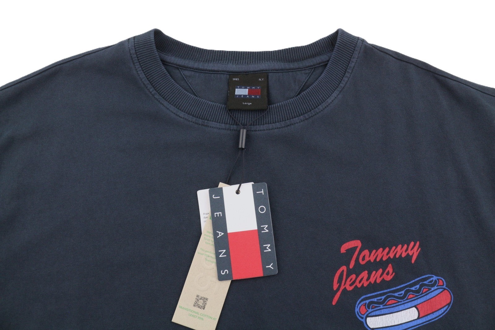 TOMMY HILFIGER Men T-Shirt L Dark Blue Crew Neck Cotton Logo Short Sleeve