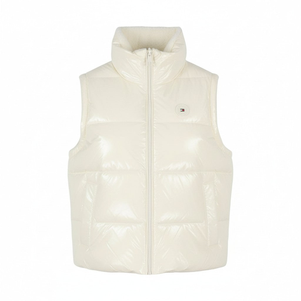 TOMMY HILFIGER Down Rev Teddy Women Waistcoat M Ivory Reversible High Neck