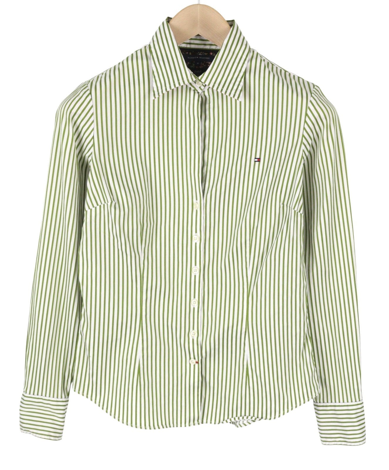 TOMMY HILFIGER Women Shirt XS Green Pinstripe Button-Up Spread Collar Stretch
