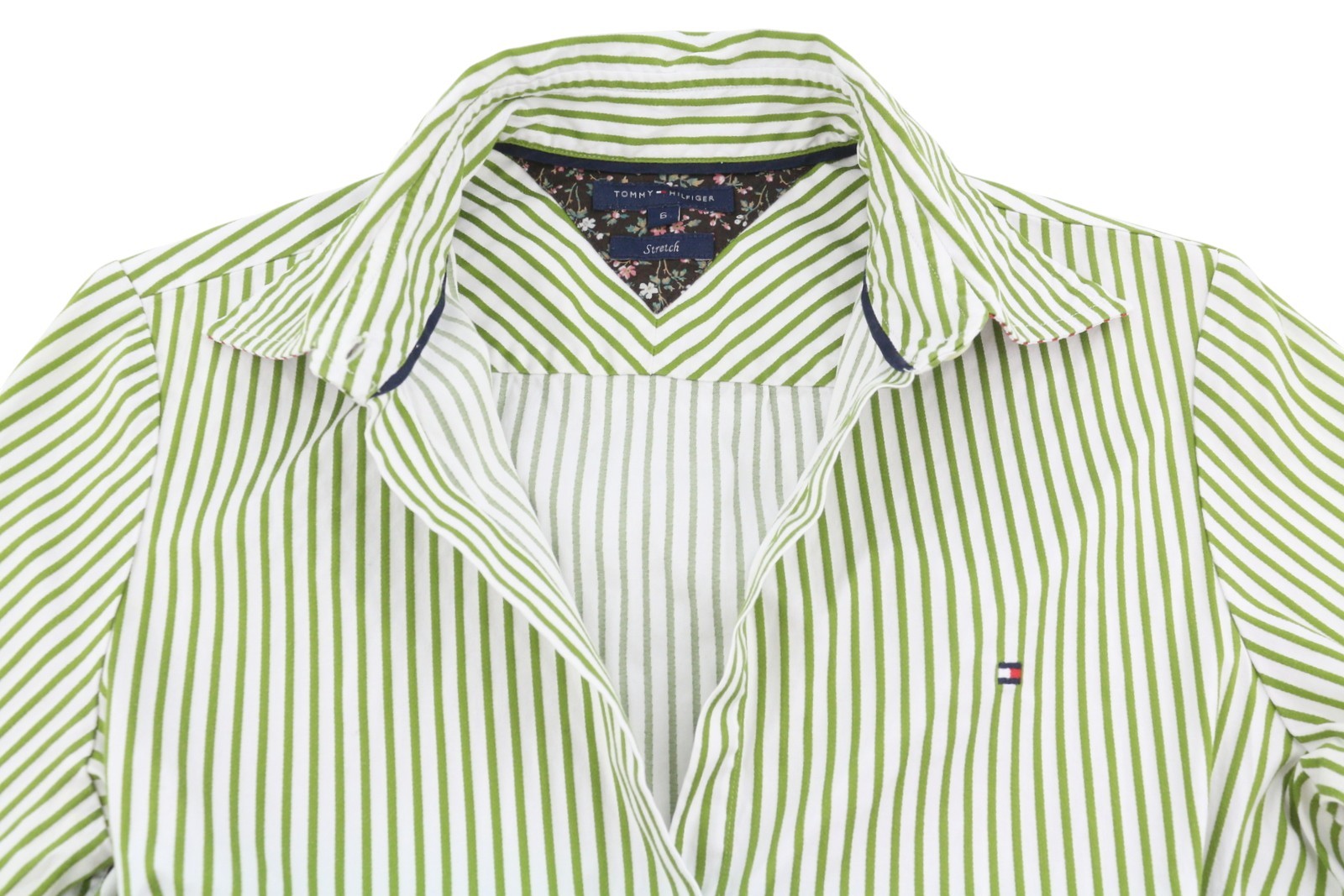 TOMMY HILFIGER Women Shirt XS Green Pinstripe Button-Up Spread Collar Stretch