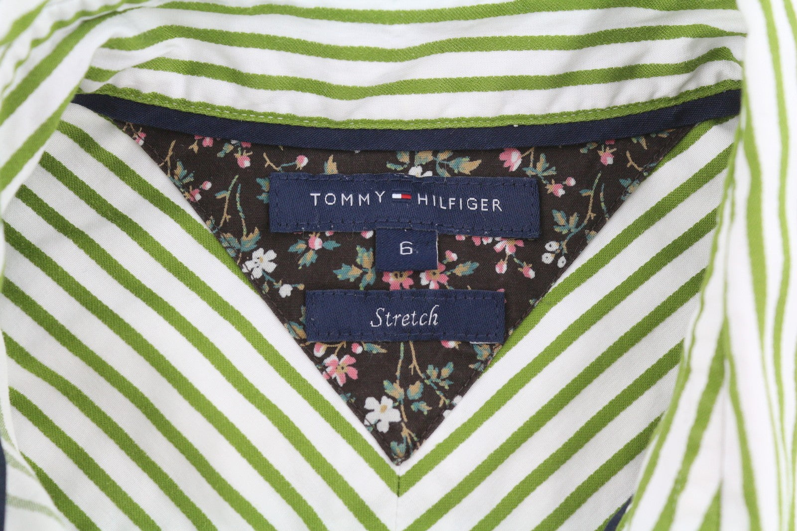 TOMMY HILFIGER Women Shirt XS Green Pinstripe Button-Up Spread Collar Stretch