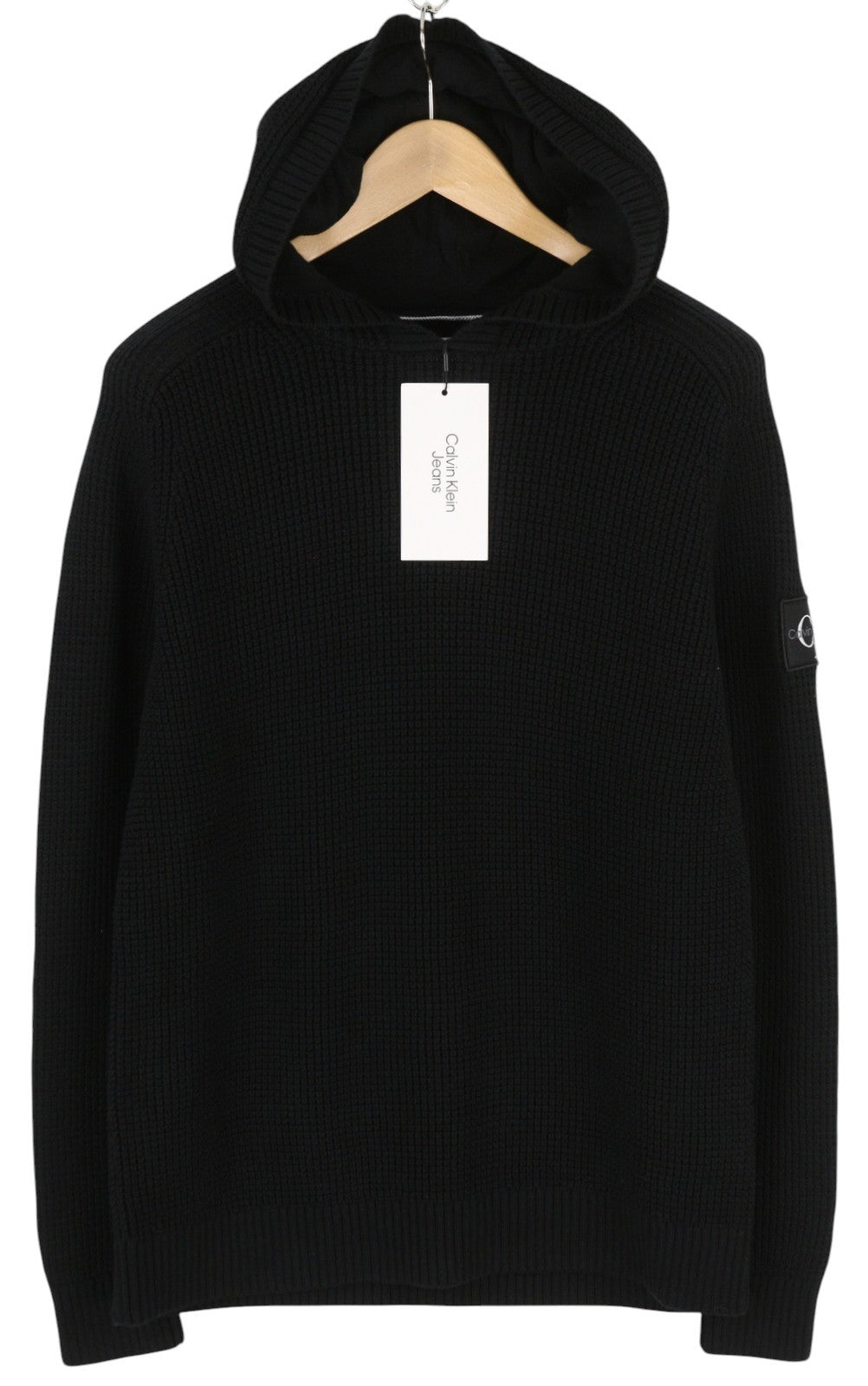 CALVIN KLEIN Men Jumper M Black Waffle-Knit Stretch Hooded Pull On RRP139