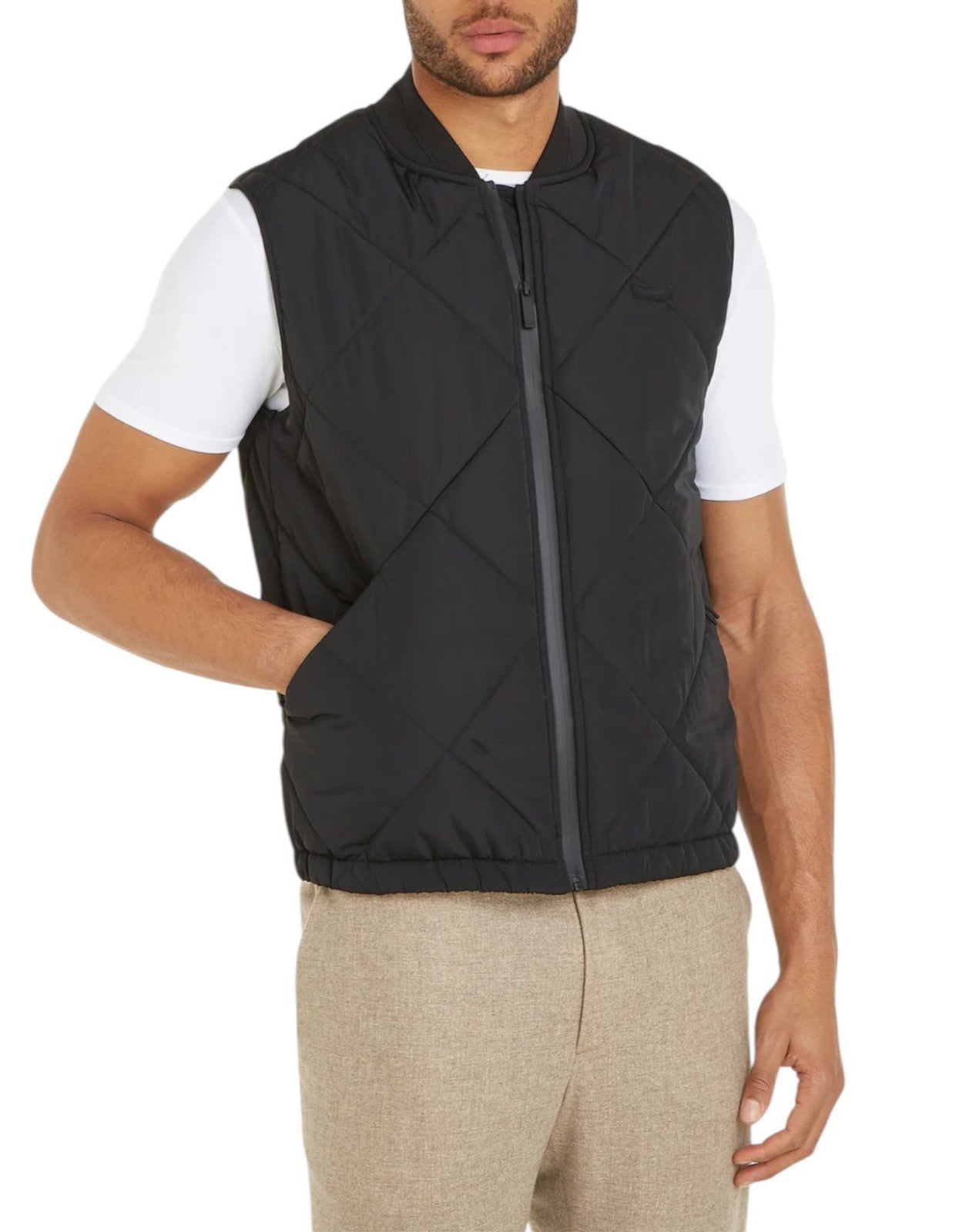 CALVIN KLEIN Signature Quilt Men Waistcoat S Black Padded Bomber Vest RRP279