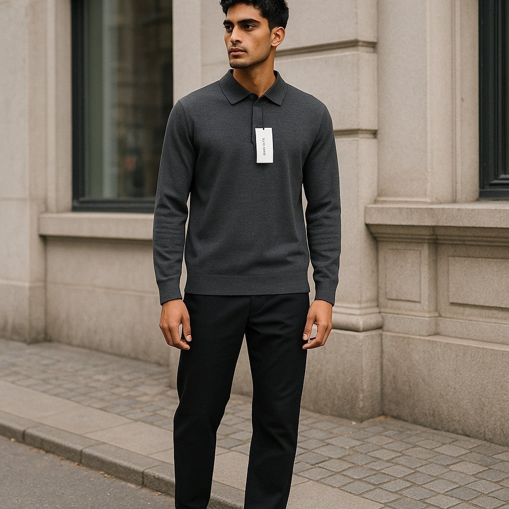 CALVIN KLEIN Merino Polo Men Jumper M Grey Melange Wool Knit Pull On RRP179