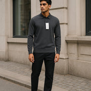 CALVIN KLEIN Merino Polo Men Jumper M Grey Melange Wool Knit Pull On RRP179