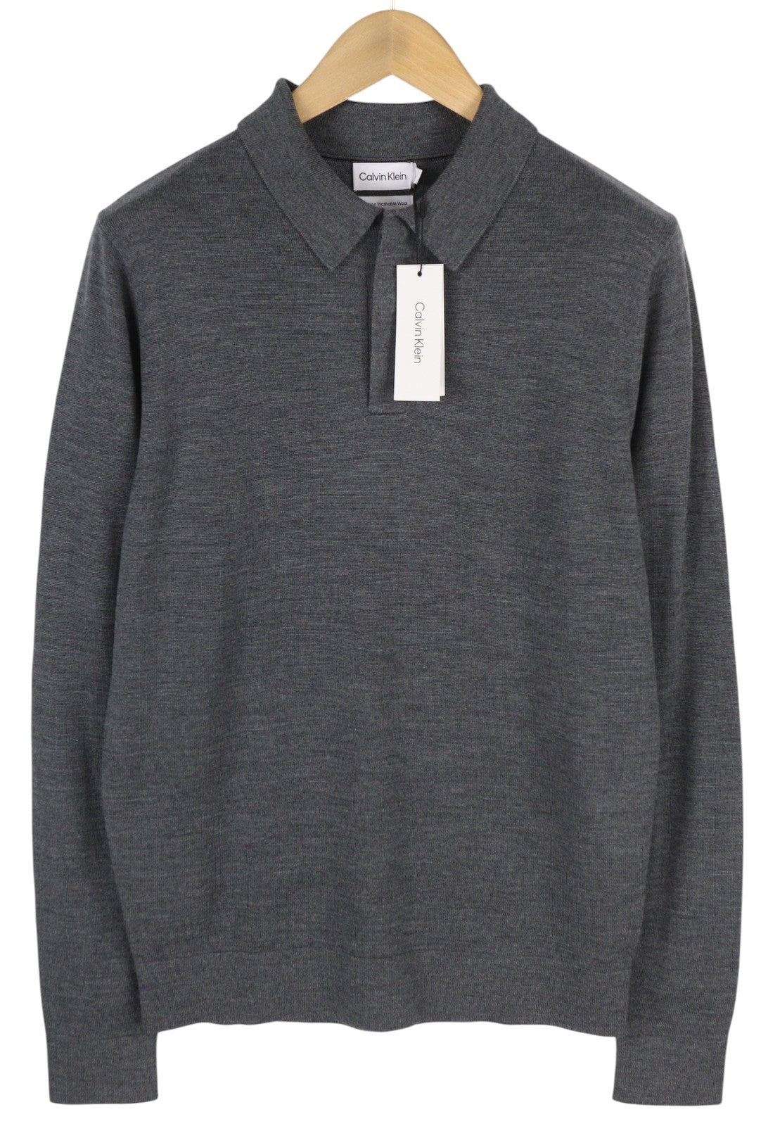 CALVIN KLEIN Merino Polo Men Jumper M Grey Melange Wool Knit Pull On RRP179