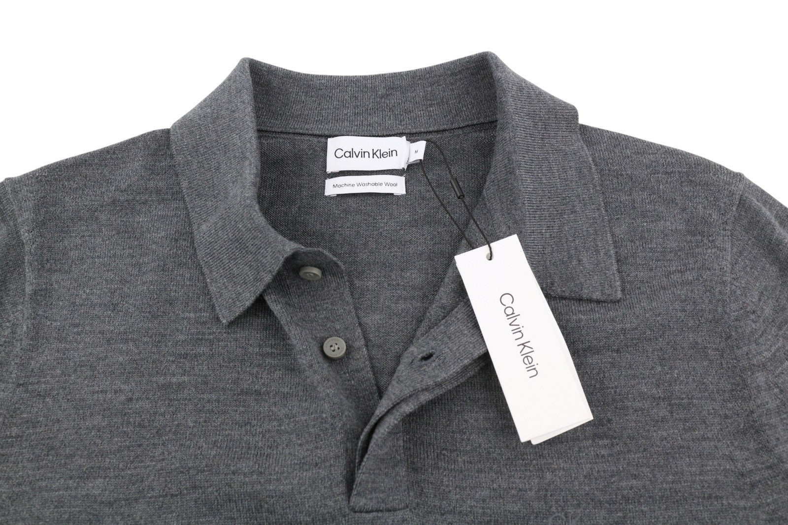 CALVIN KLEIN Merino Polo Men Jumper M Grey Melange Wool Knit Pull On RRP179