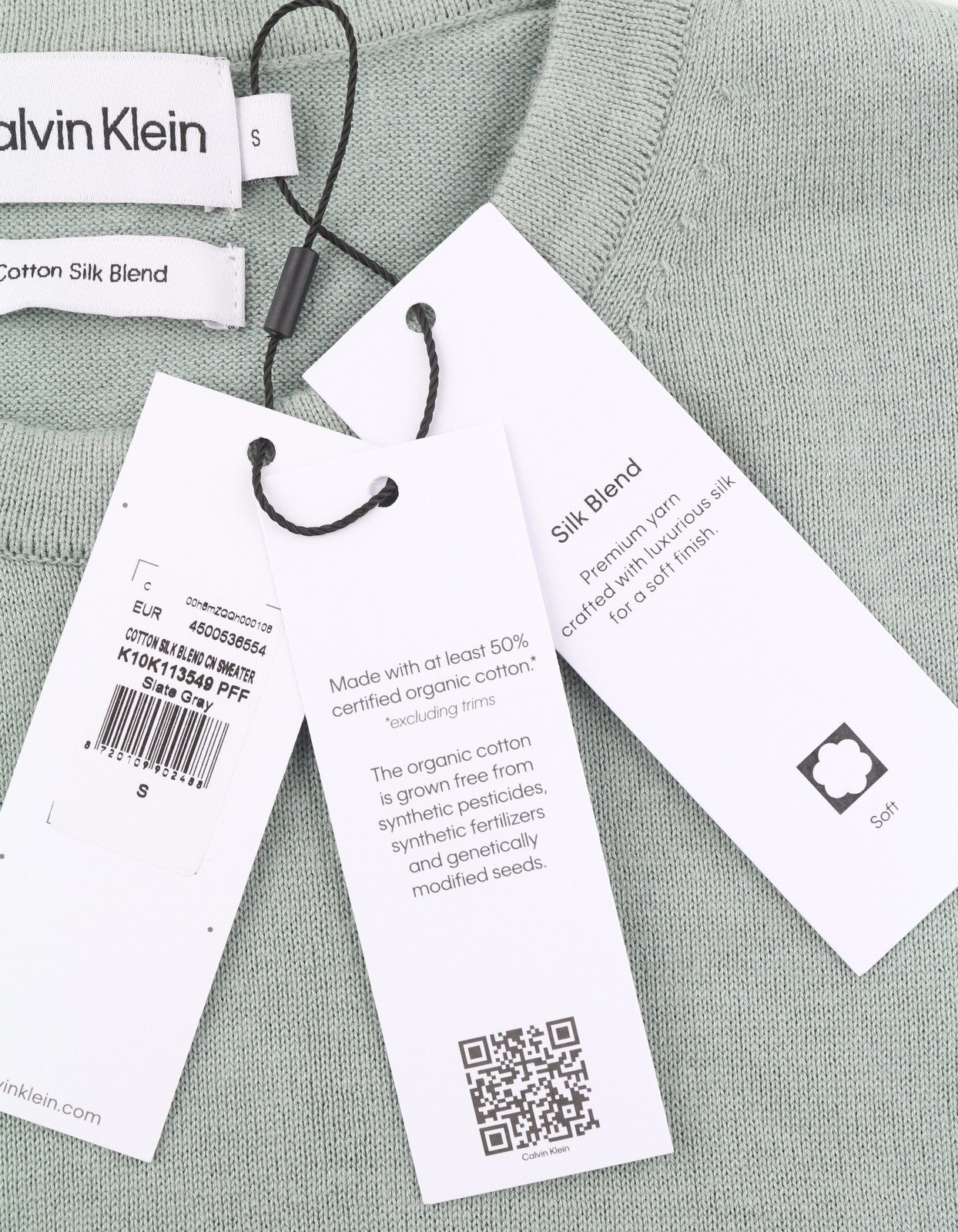CALVIN KLEIN Cotton Silk Blend Cn Men Jumper S Light Green Crew Knit Pull On