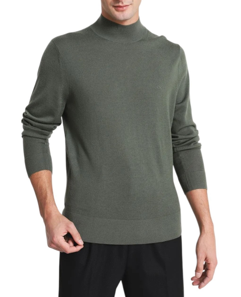 CALVIN KLEIN Merino Mock Neck Men Jumper M Green Wool Tight-Knit Logo Pull On