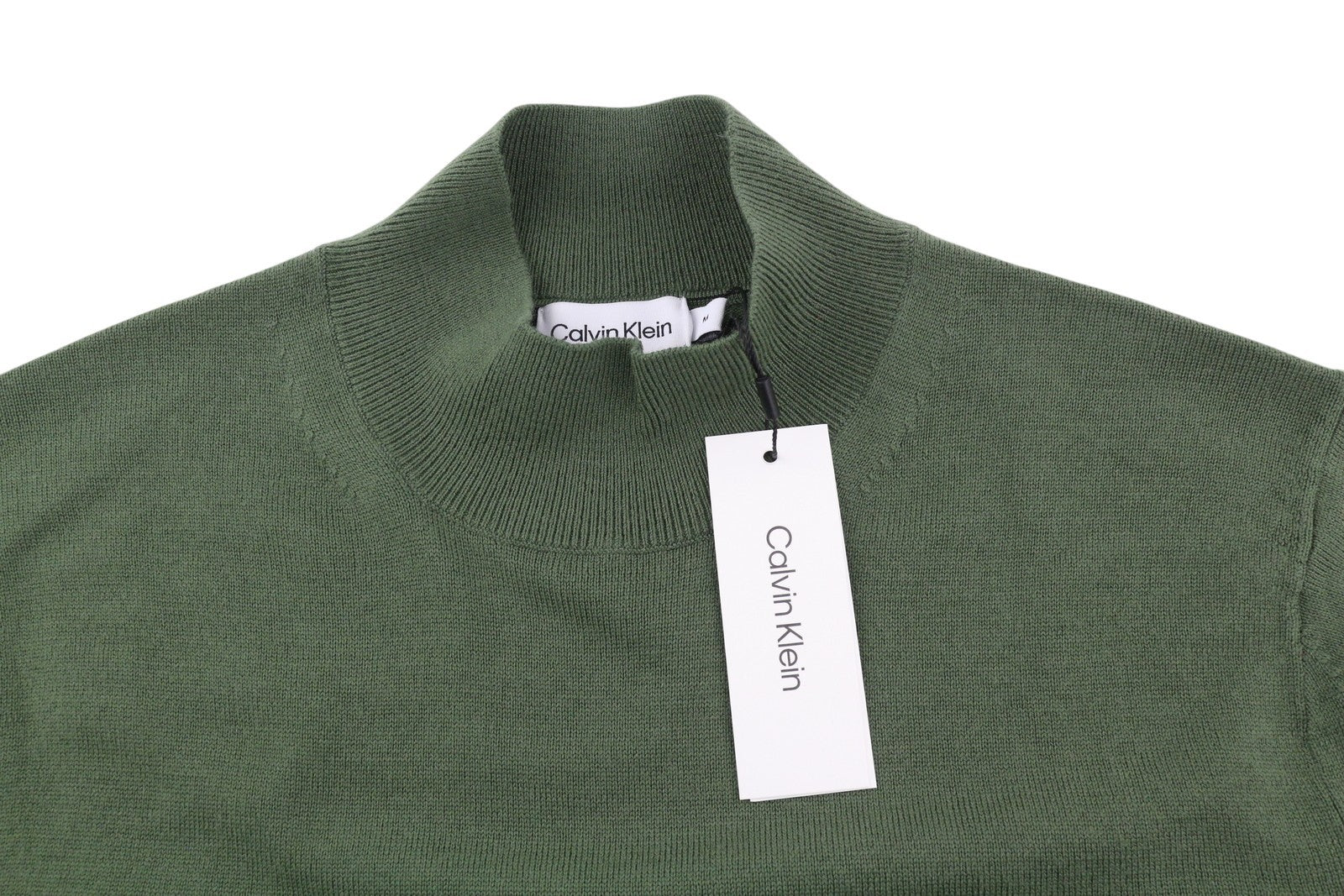 CALVIN KLEIN Merino Mock Neck Men Jumper M Green Wool Tight-Knit Logo Pull On