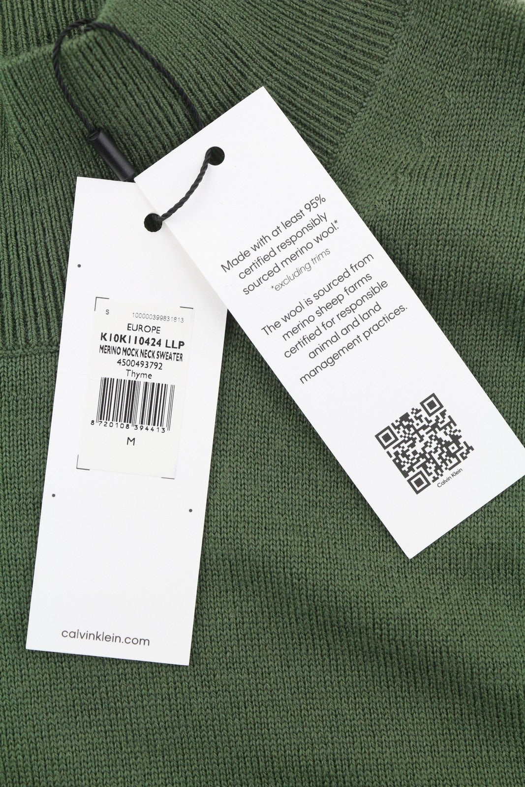 CALVIN KLEIN Merino Mock Neck Men Jumper M Green Wool Tight-Knit Logo Pull On