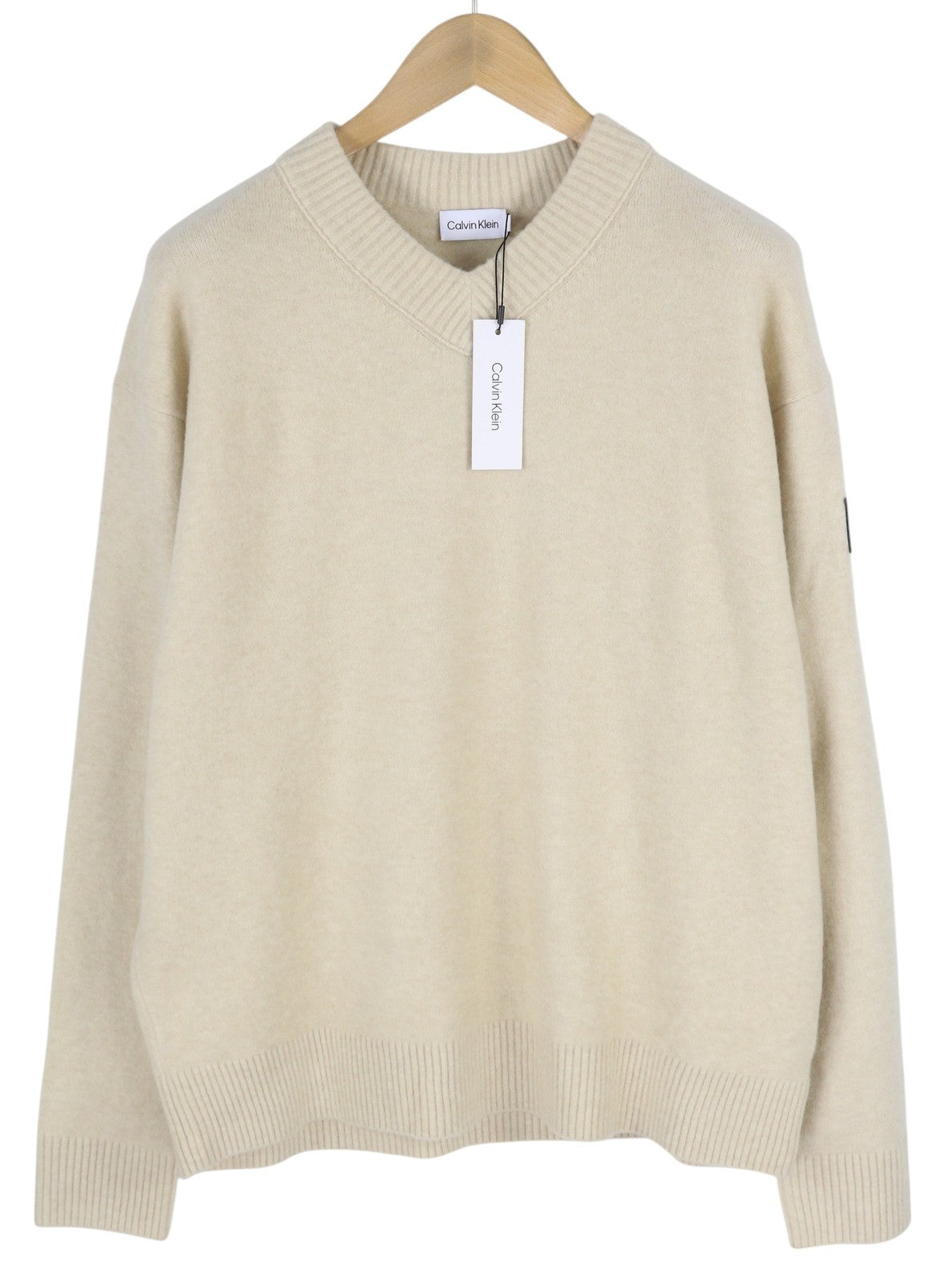 CALVIN KLEIN Lycra Blend Comfort Men Jumper M Beige Wool Blend V-Neck Pull On