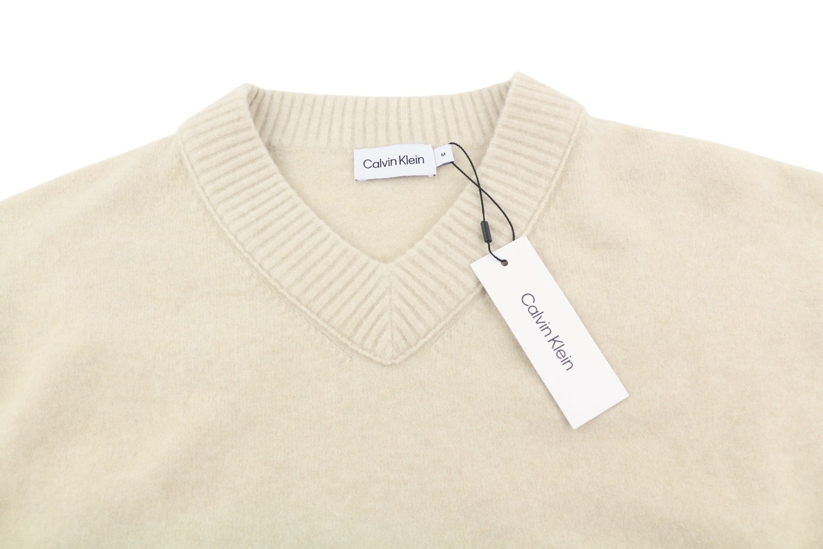 CALVIN KLEIN Lycra Blend Comfort Men Jumper M Beige Wool Blend V-Neck Pull On