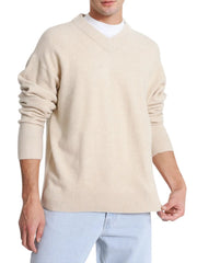 CALVIN KLEIN Lycra Blend Comfort Men Jumper L Beige Wool Blend V-Neck Pull On