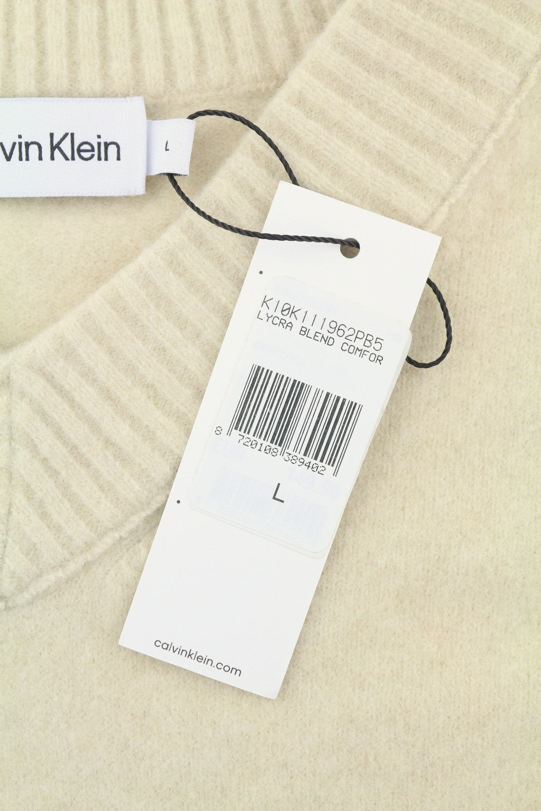 CALVIN KLEIN Lycra Blend Comfort Men Jumper L Beige Wool Blend V-Neck Pull On