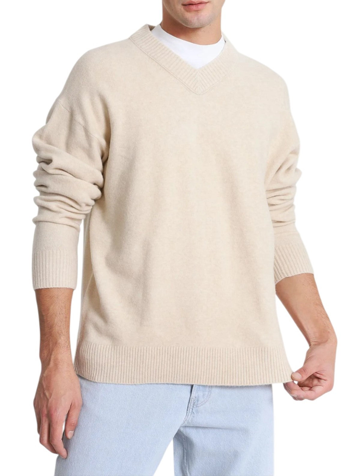 CALVIN KLEIN Lycra Blend Comfort Men Jumper XL Beige Wool Blend V-Neck Pull On