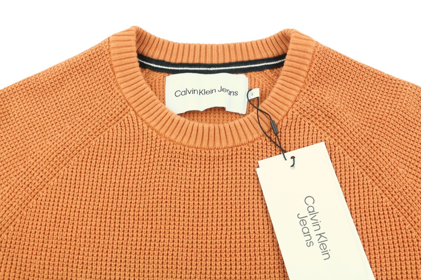 CALVIN KLEIN Badge Easy Men Jumper S Orange Cotton Waffle-Knit Crew Pull On