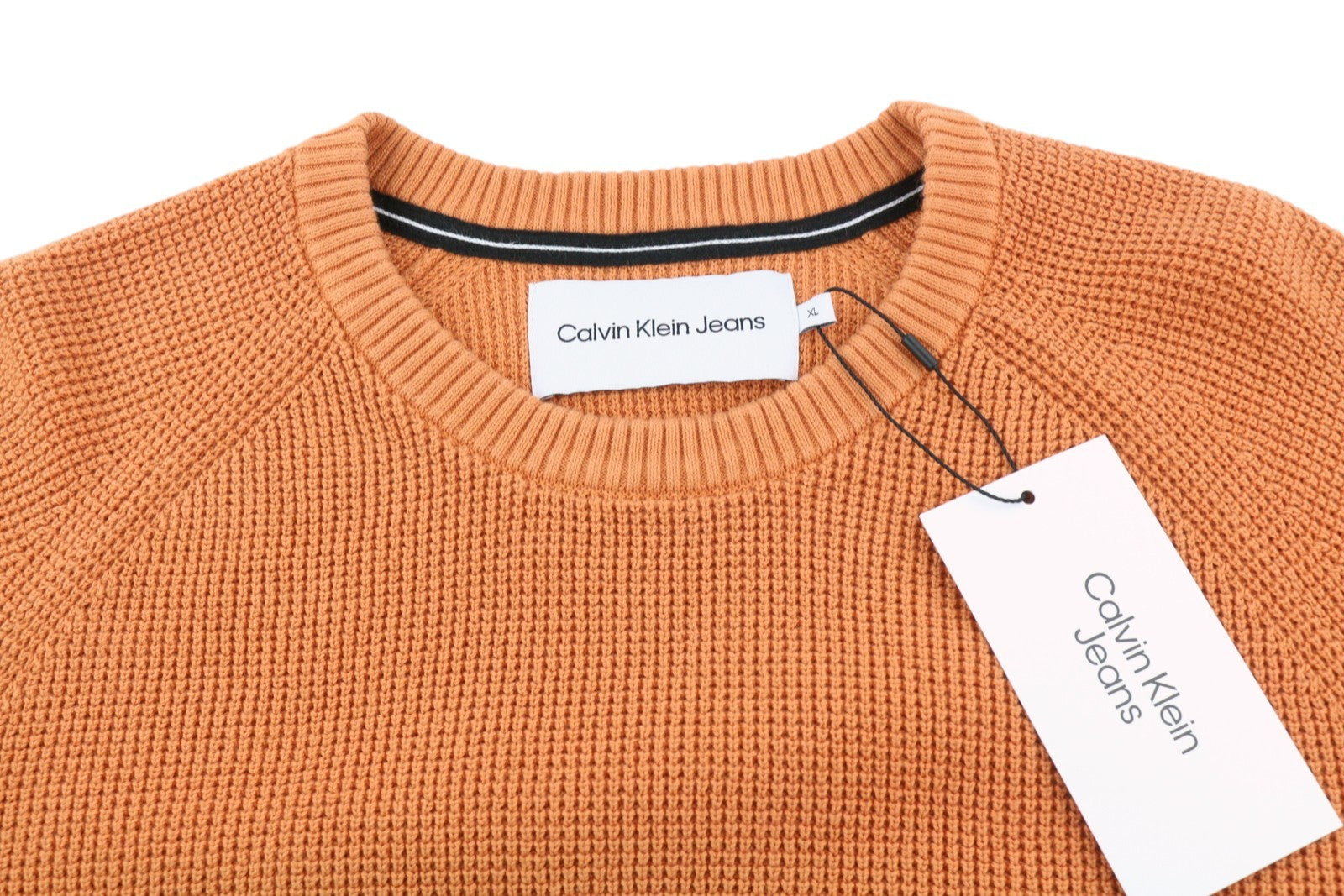 CALVIN KLEIN Badge Easy Men Jumper XL Orange Cotton Waffle-Knit Crew Pull On
