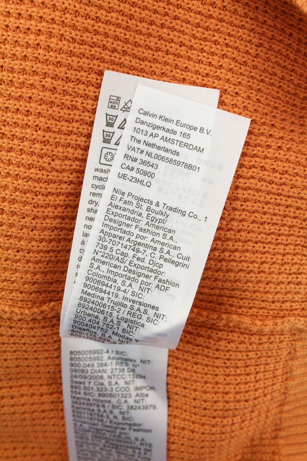 CALVIN KLEIN Badge Easy Men Jumper XL Orange Cotton Waffle-Knit Crew Pull On