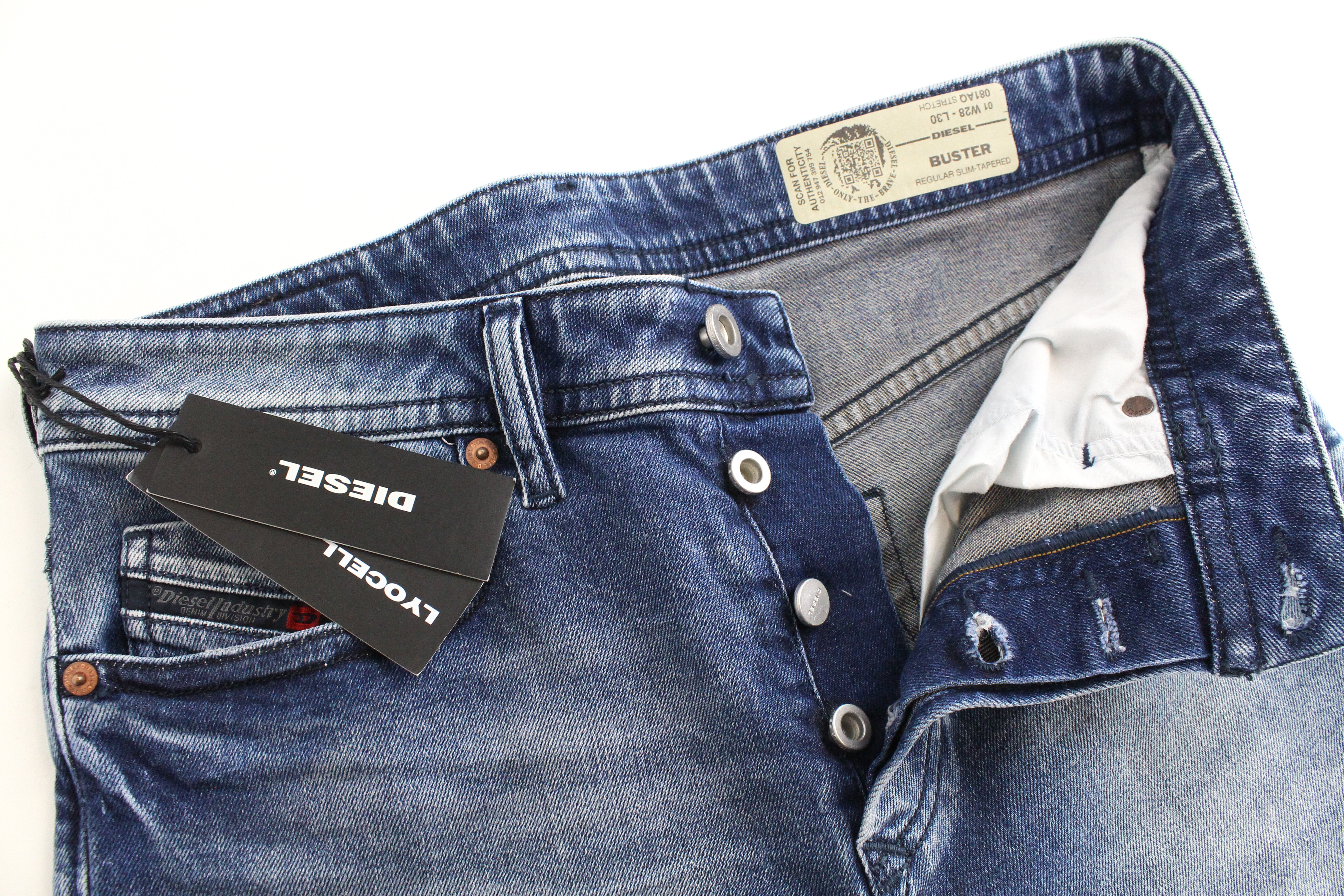 DIESEL Buster 081AQ Men's W28 L30 Jeans Blue Taper Slim Fit Stretch Cotton