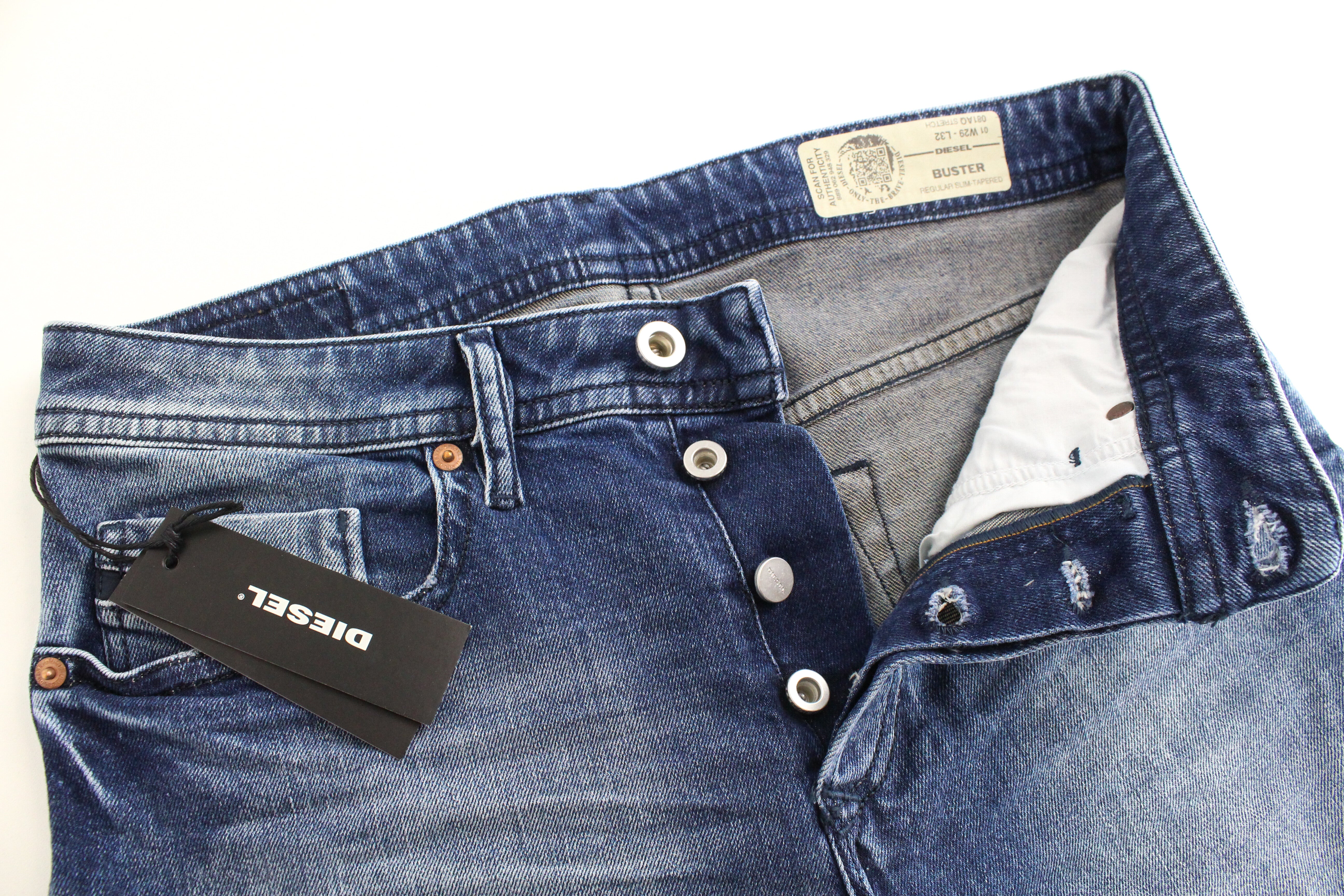 DIESEL Buster 081AQ Men's W29 L32 Jeans Slim Fit Blue Cotton Ripped Stretch