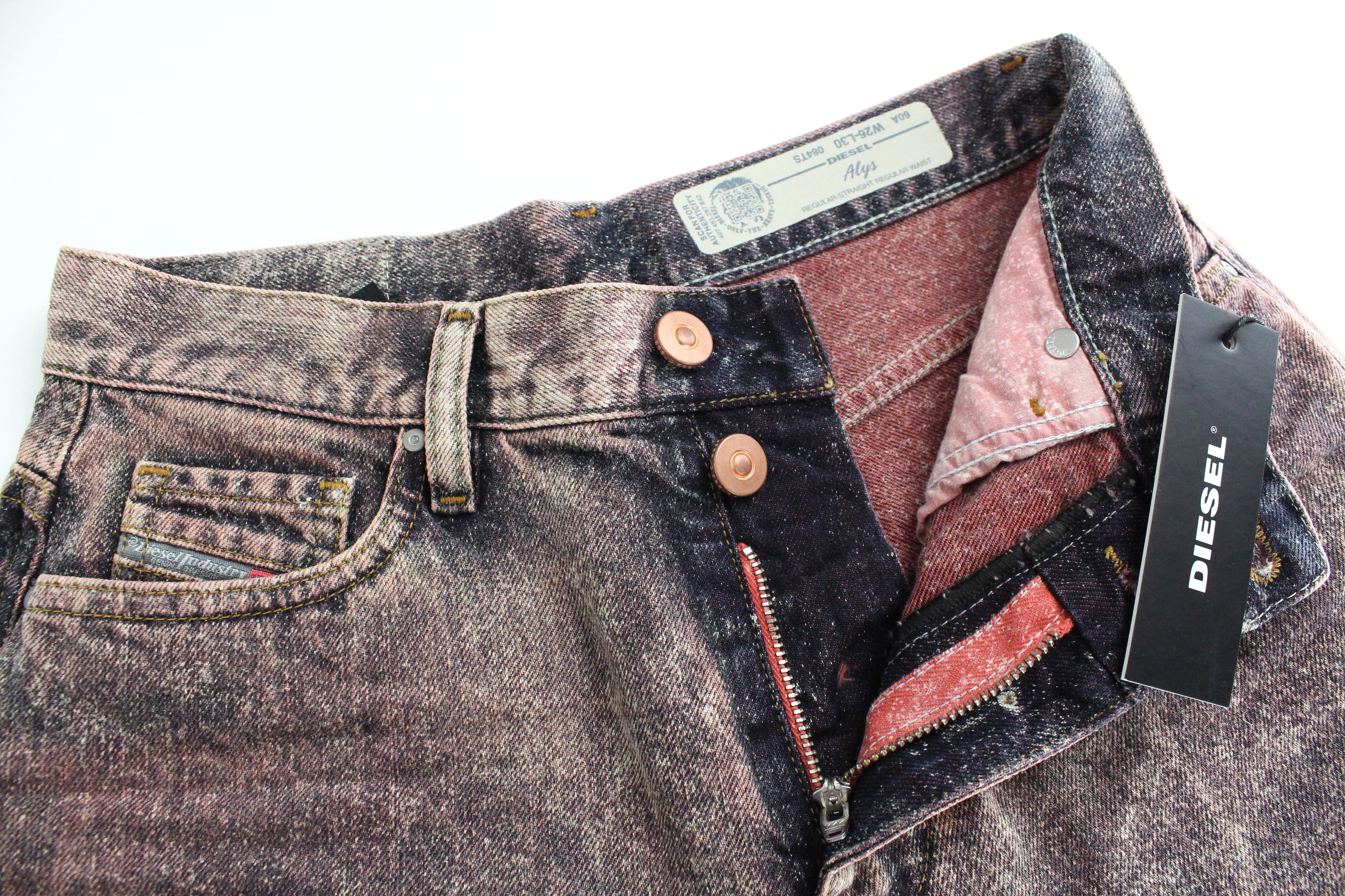 DIESEL Alys 084TS Women's Jeans W26/L30 Straight Fit Cotton Grey Pink Wash