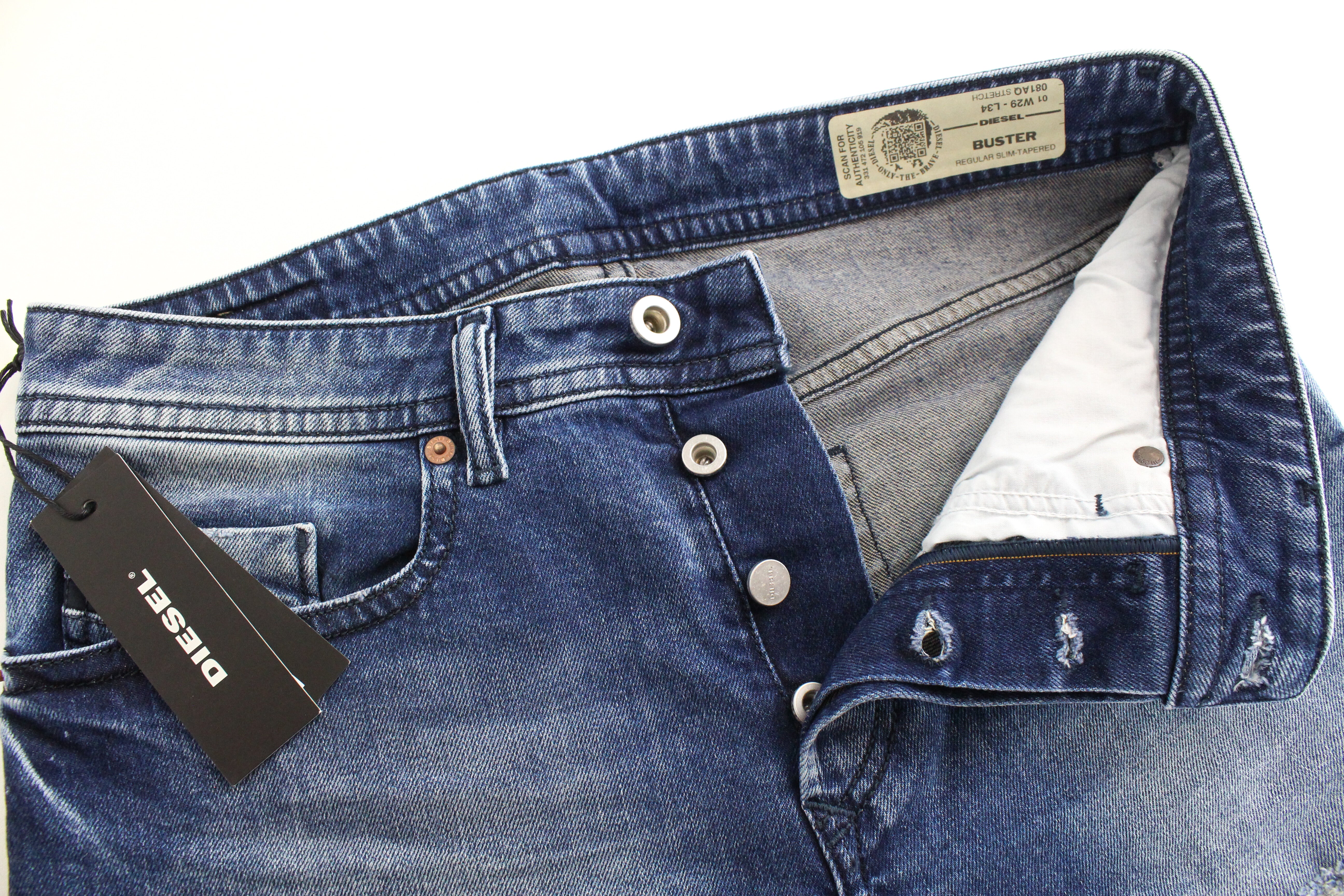 DIESEL Buster 081AQ Men's Jeans W29 L34 Blue Ripped Taper Slim Fit Stretch