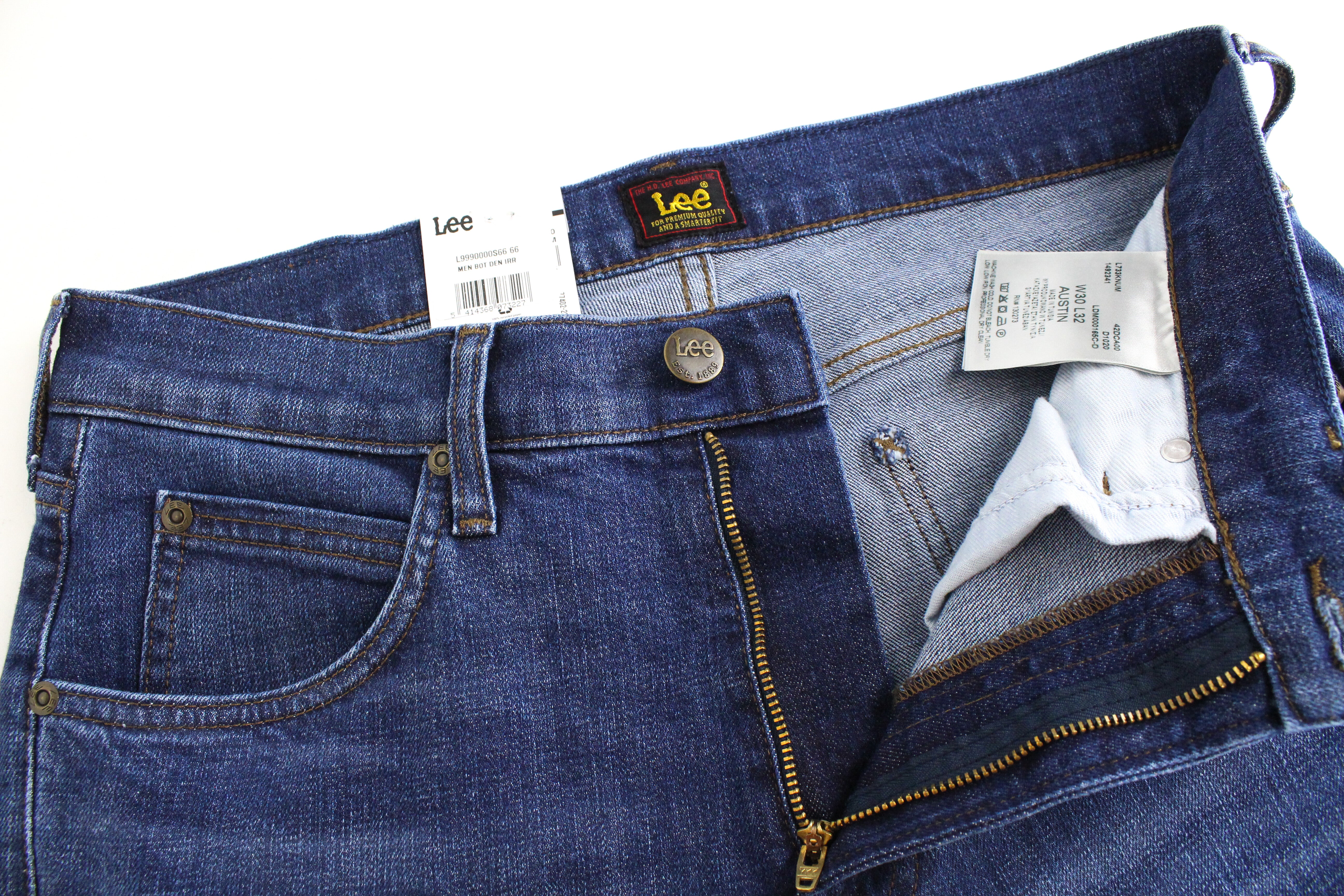 LEE Austin vyriški W30/L32 siaurėjantys tamsiai mėlyni vidutinio liemens tamprūs, įprasto kirpimo marškinėliai 