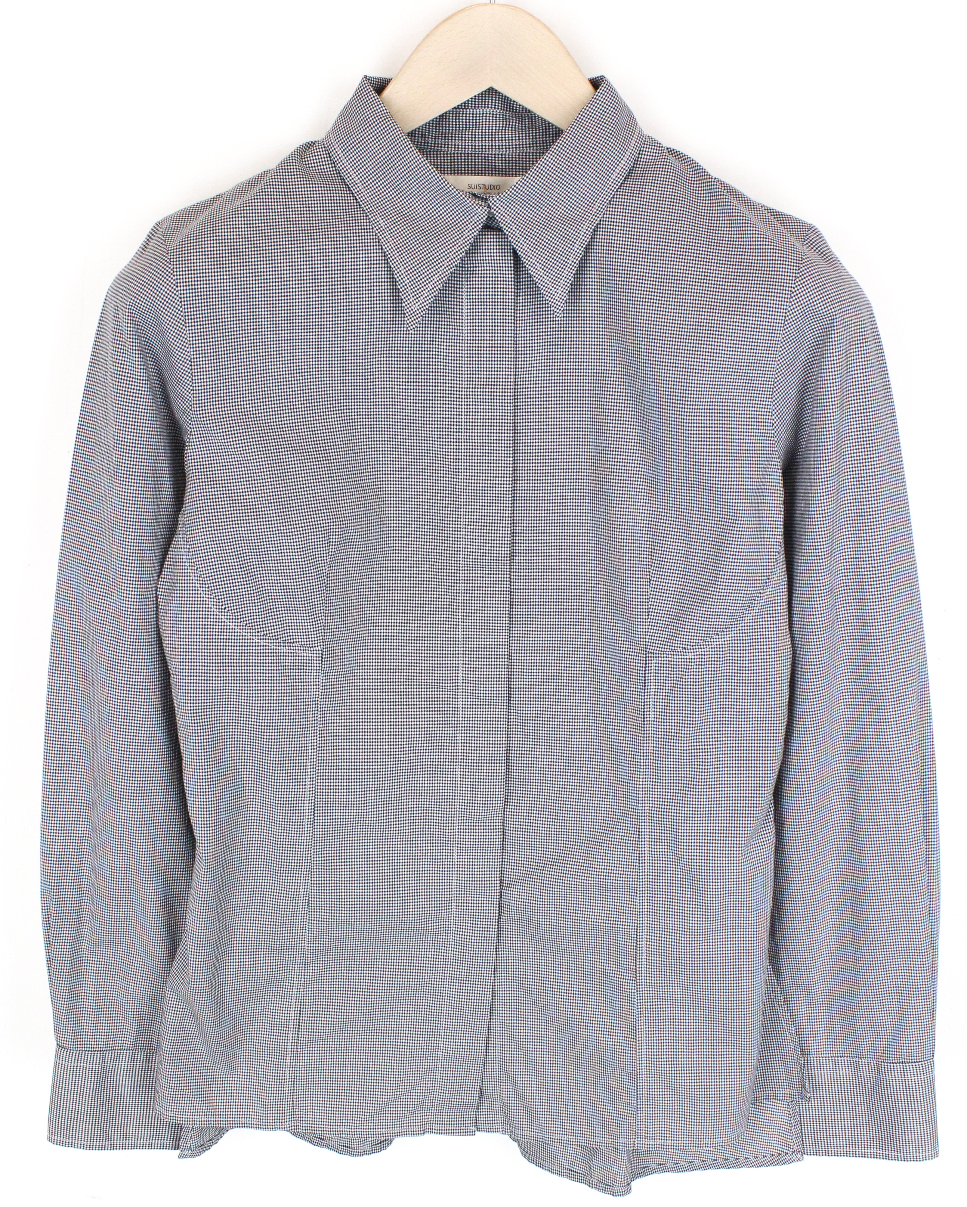 SUISTUDIO Women's Shirt 40R Grey Pure Cotton Long Sleeve Checked Button-Up