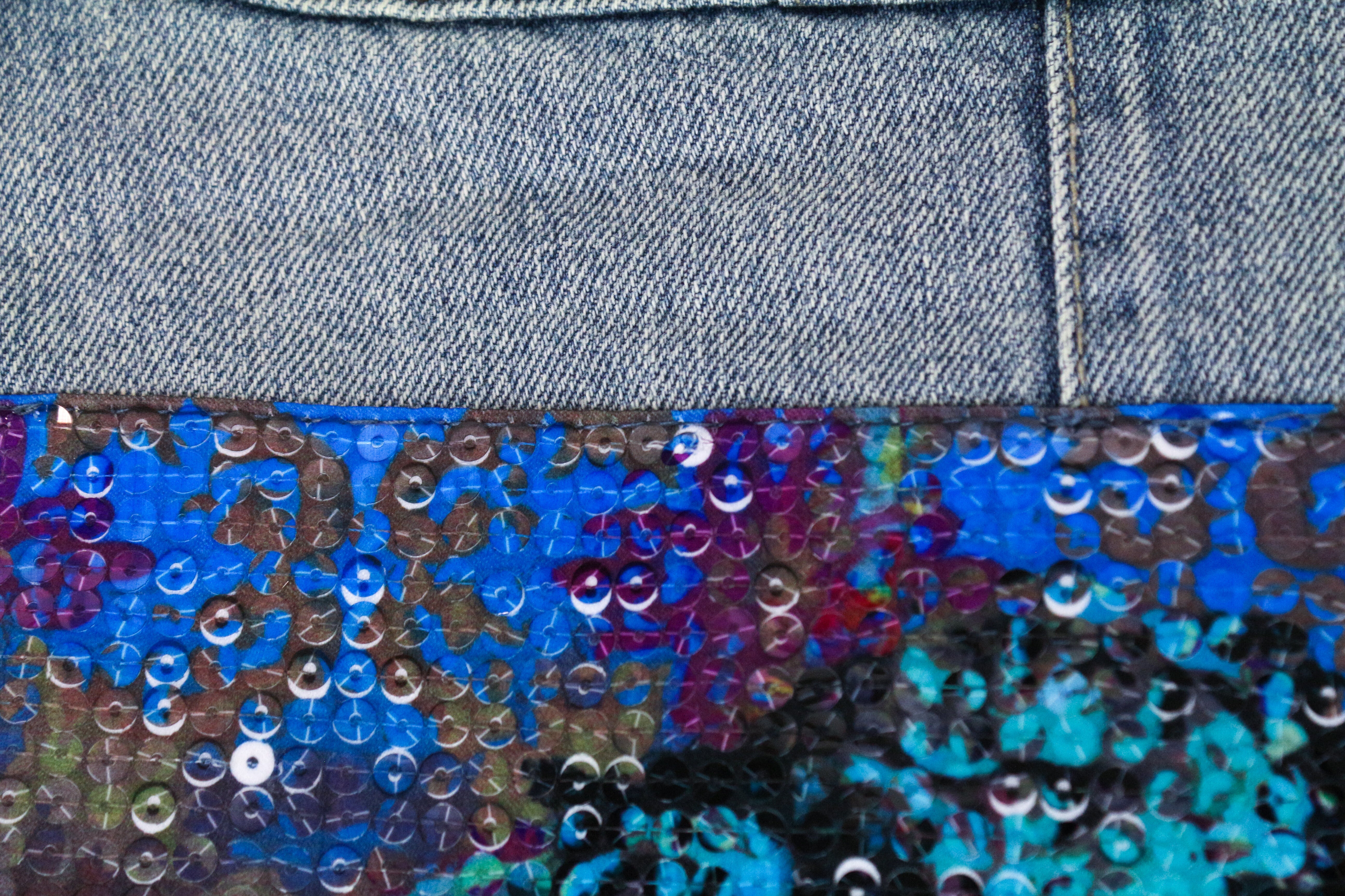 DESIGUAL Blue Denim Jacket 38 Women's Geisha Sequins Pure Cotton Washed Look