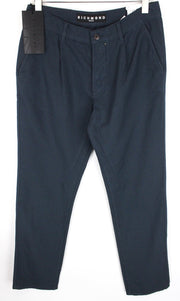 RICHMOND  Men Trousers 48 Blue Cotton Linen Loose Fit Pleated Front Casual