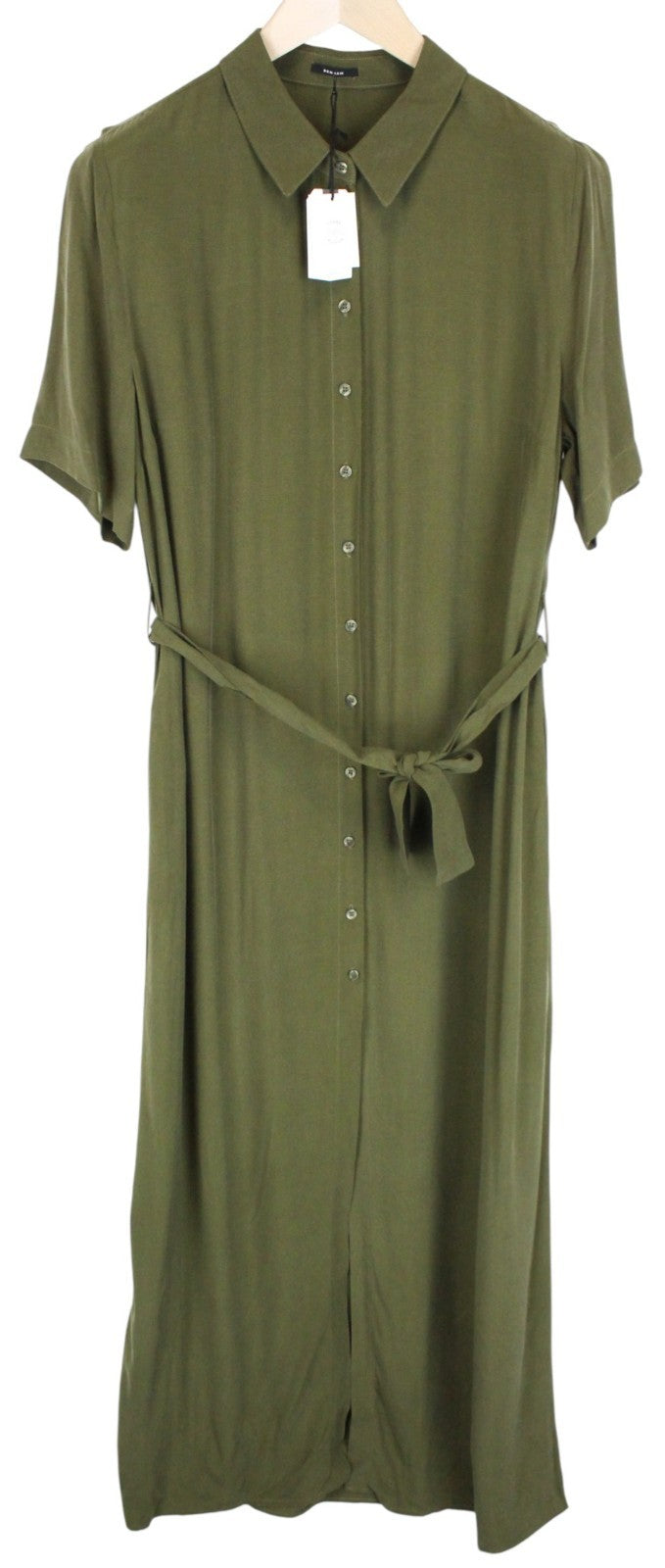 DENHAM Roxanne Women Dress L Green Short Sleeved Button-Up Belted Collared Long