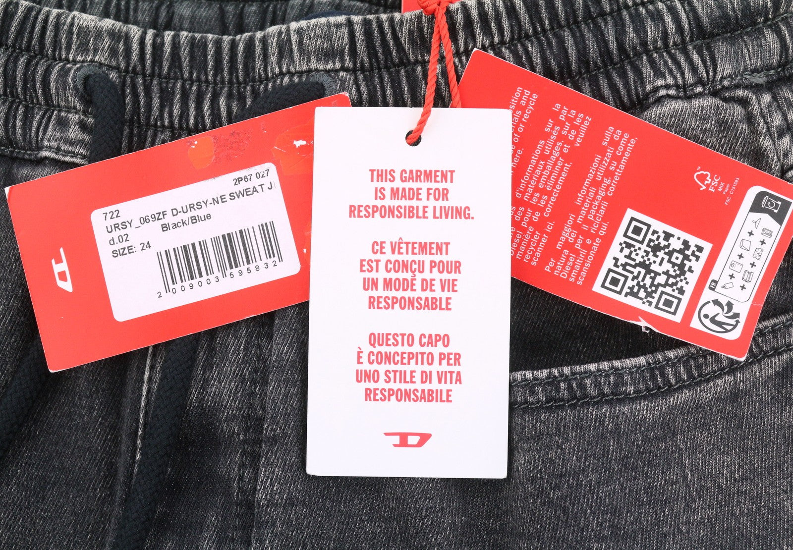DIESEL D-Ursy-Ne 069ZF Women Jeans W24 Dark Grey Faded Cargo Denim RRP295