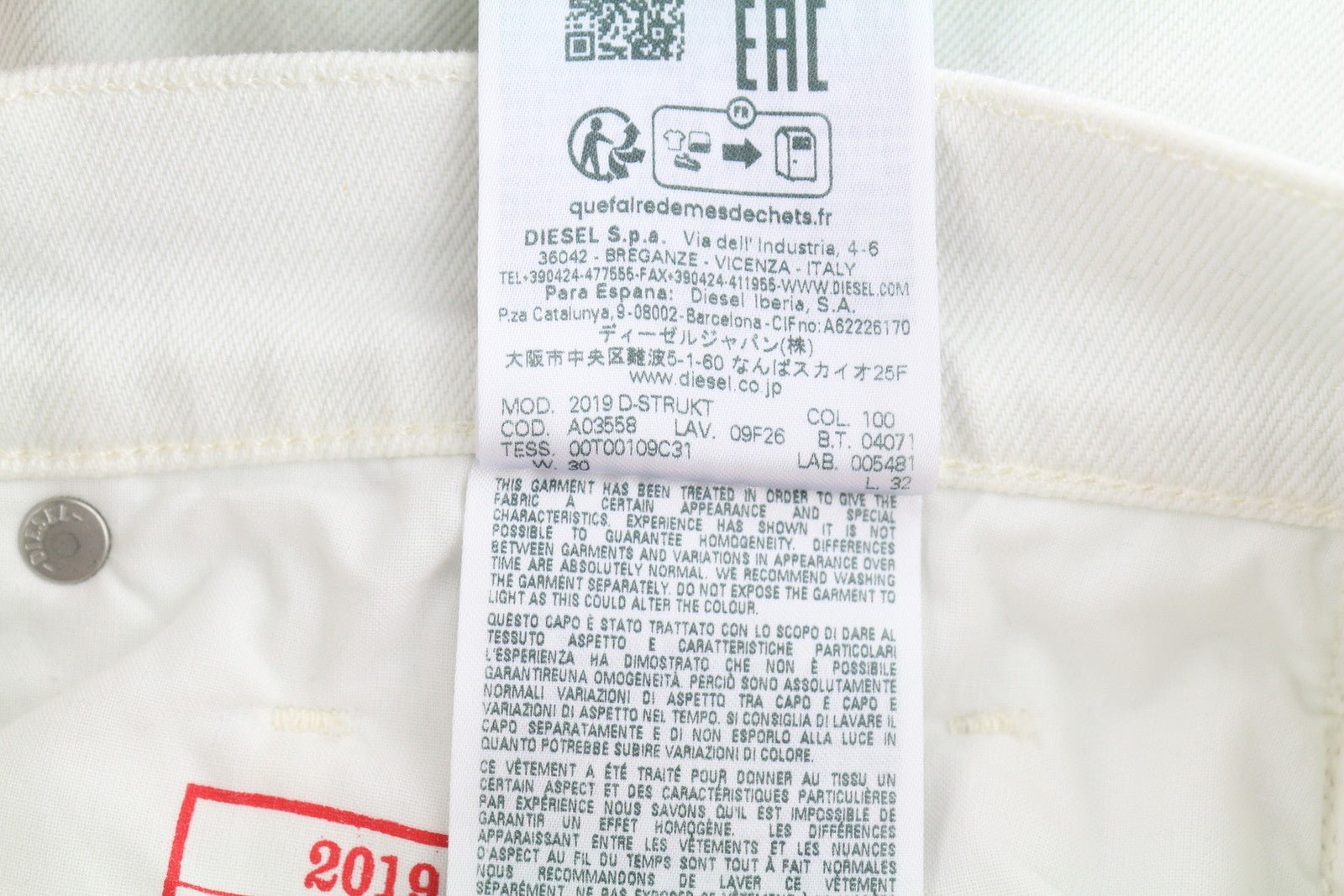 DIESEL 2019 D-Strukt 09F26 Men Jeans W30/L32 White Slim Fit Zip Fly Denim