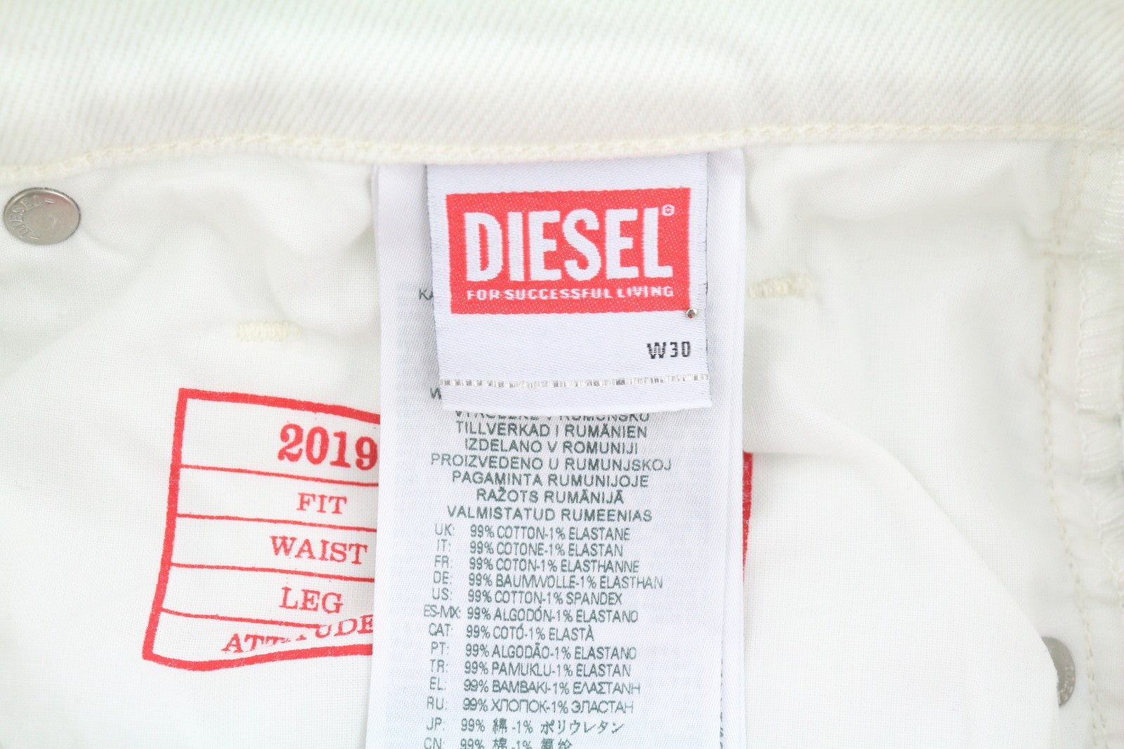 DIESEL 2019 D-Strukt 09F26 Men Jeans W30/L32 White Slim Fit Zip Fly Denim
