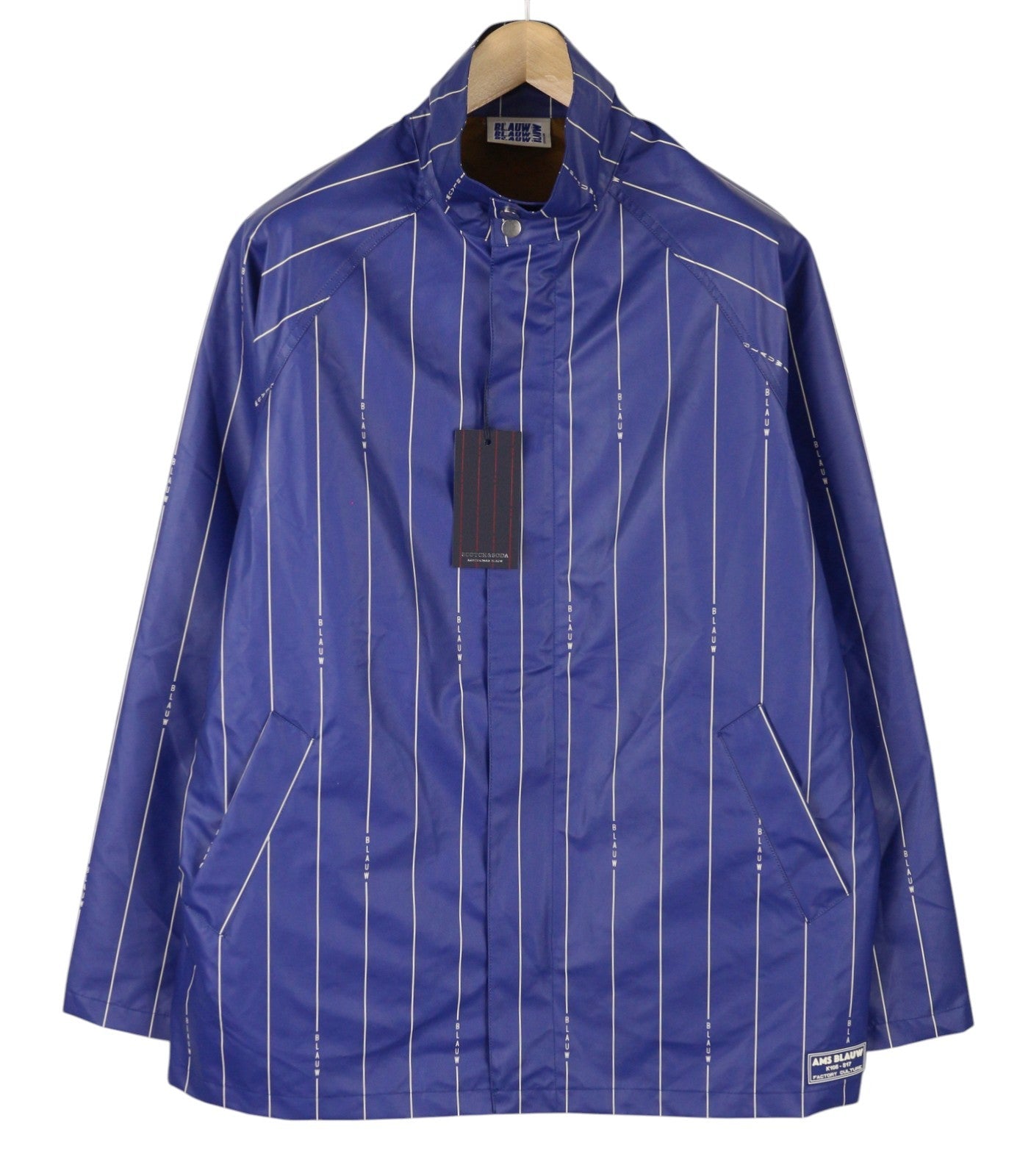 SCOTCH & SODA Men Jacket L Blue Pinstriped Water Repellent Full Zip Raincoat