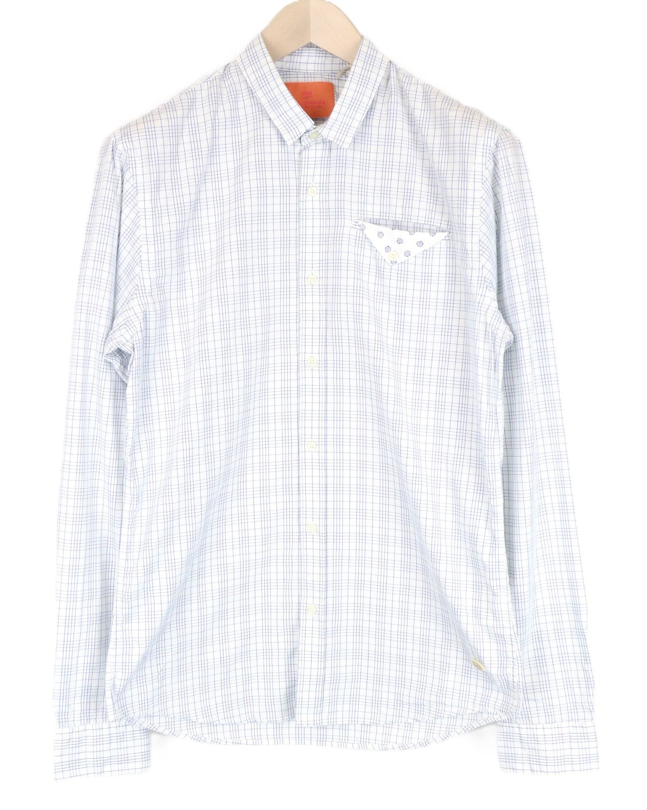 SCOTCH & SODA Men Shirt M Blue White Patch Pocket Checked Button-Up Pure Cotton